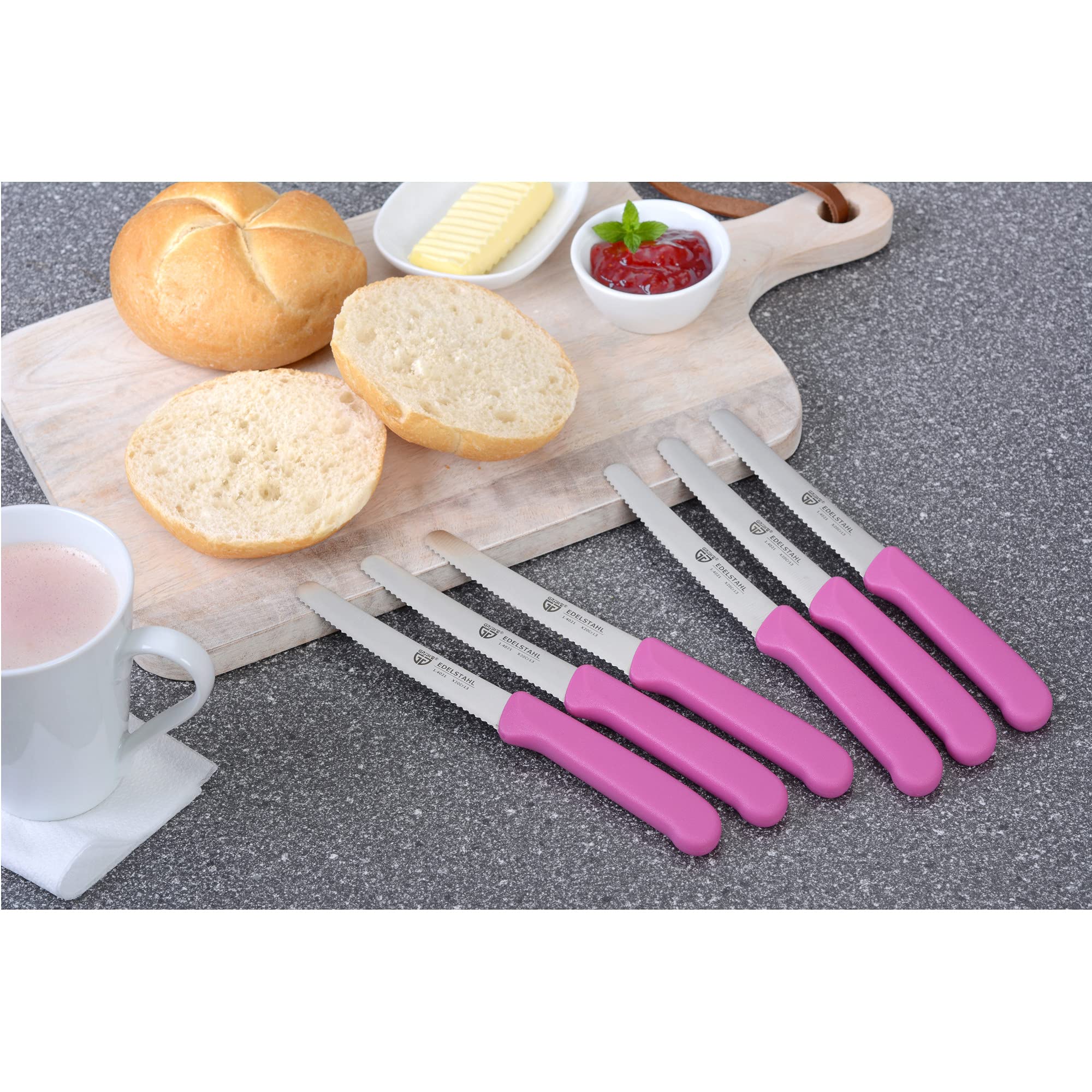6-Piece Serrated Table Knife Set - 8.3 Inch Pink Bread Knives for Cutting, Breakfast & Kitchen Use | Perfect for Slicing Bread, Fruits & Pastries | Dishwasher Safe Kitchen Utensils