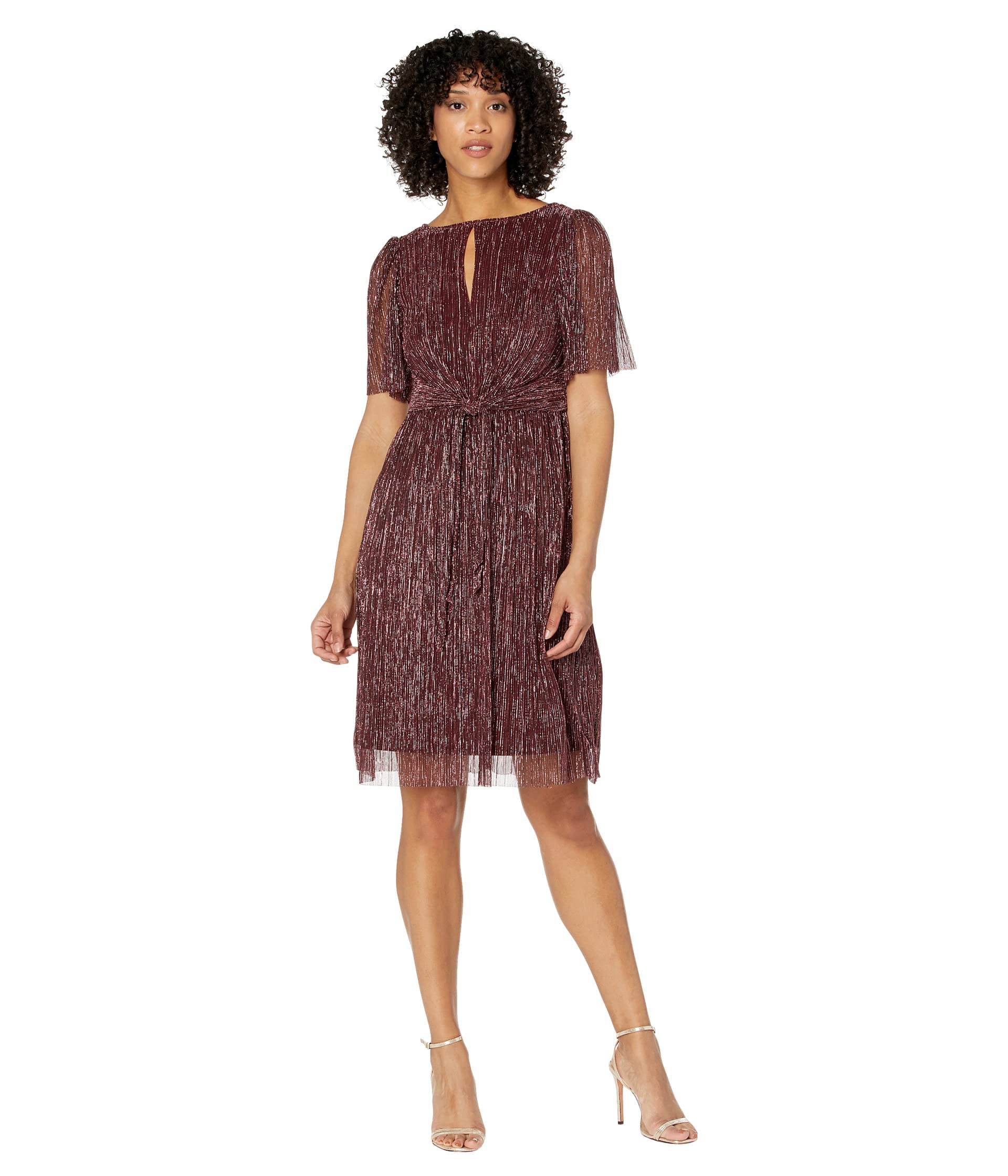 Adrianna Papell Women's Crinkle Metallic Tie Front Midi Dress - Elegant Party & Evening Wear for Special Occasions