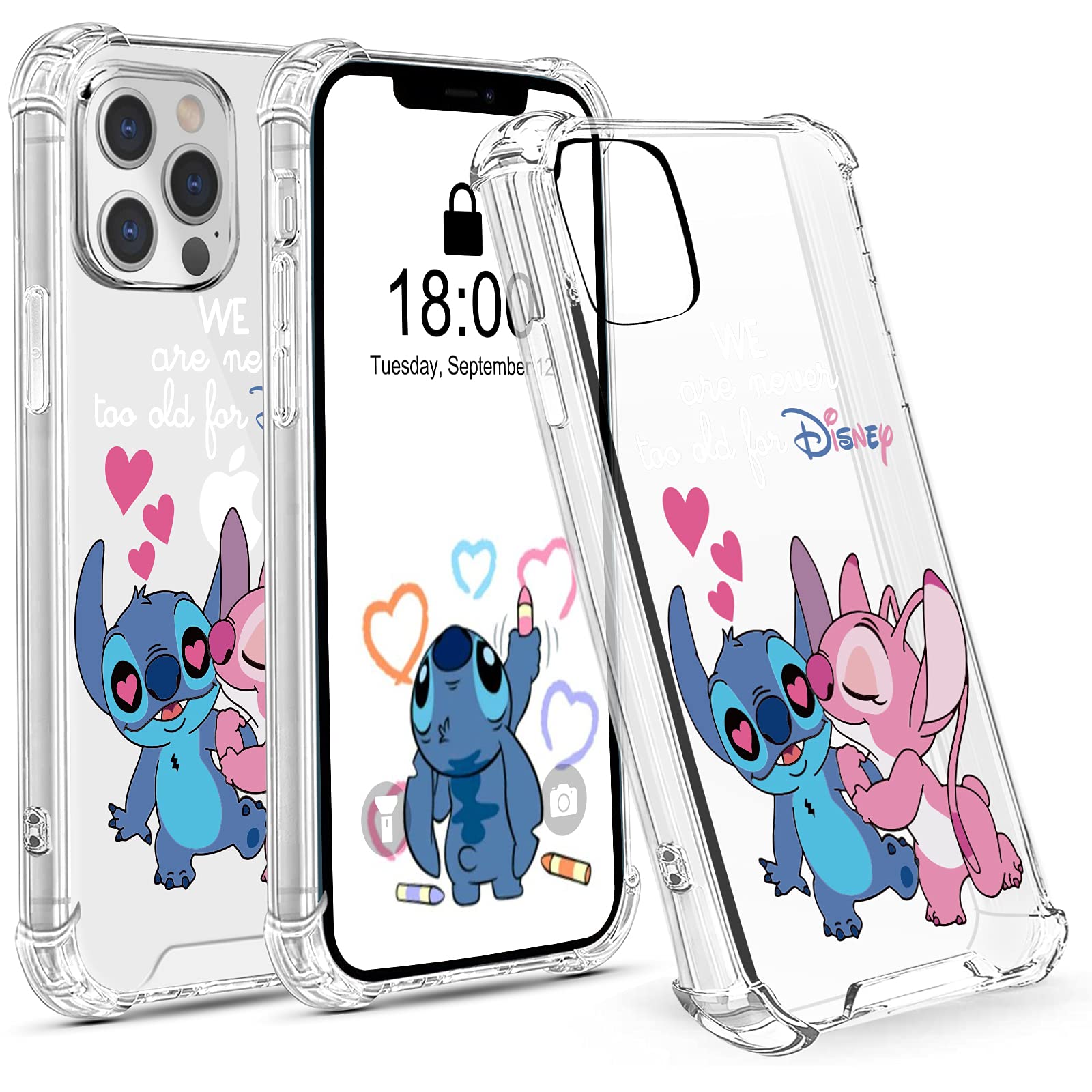 Cute Cartoon Stitch & Angel Clear Shockproof TPU Case for iPhone 12 Pro Max 6.7 Inch - Ultra-Thin Protective Bumper with 4 Corner Protection | Perfect for Disney Fans, Anime Lovers & Everyday Use