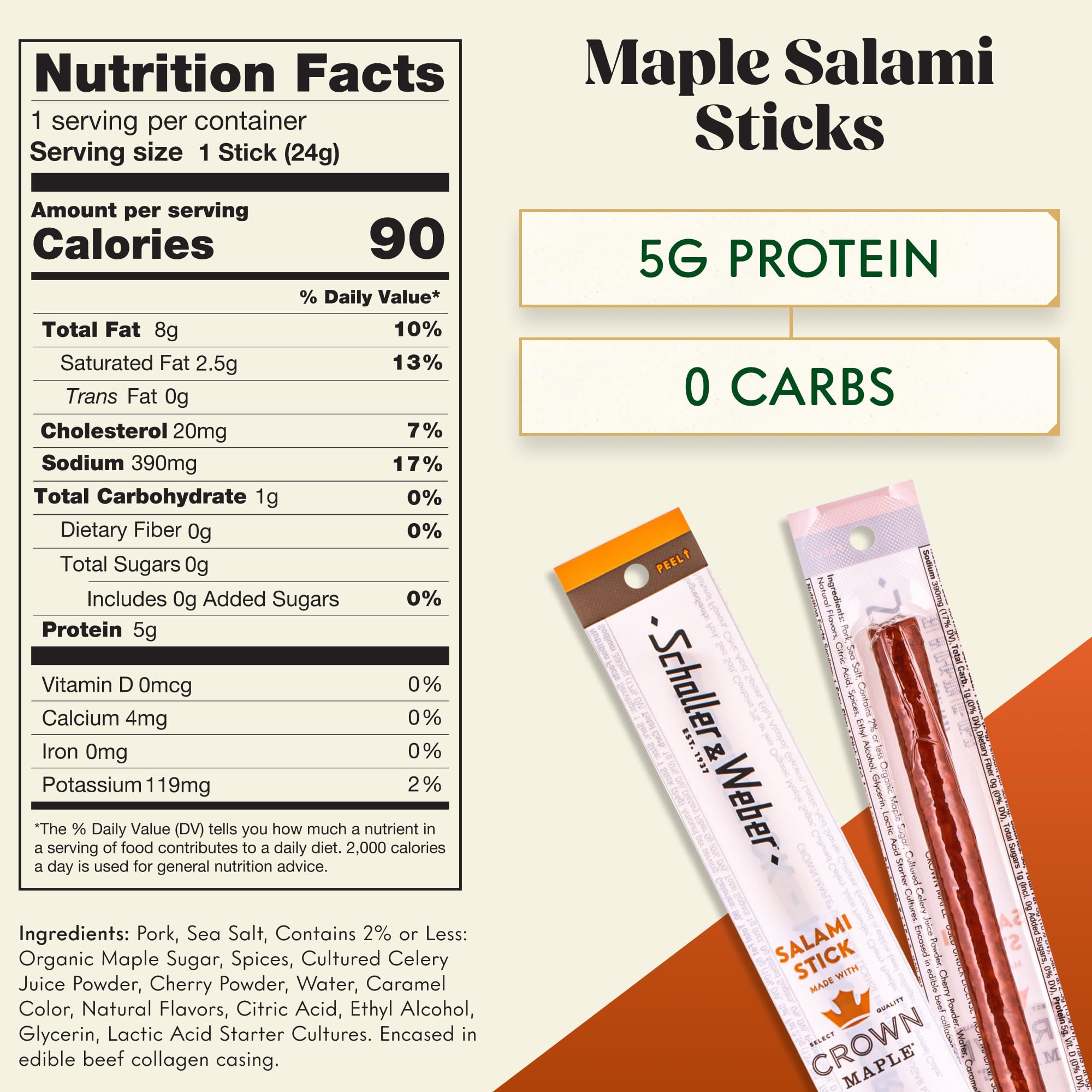 Schaller & Weber Crown Maple Salami Stick - Hickory Smoked All-Natural Ready-to-Eat Meat Snack, 0.85oz (Pack of 20) - Perfect for Camping, Hiking & On-the-Go Snacking