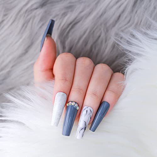 UPHUNAL 24Pcs Long Coffin Press on Nails - Handmade Acrylic False Nails Set with Glossy Finish & Nail File | Reusable Fake Nails for Women & Girls | Perfect for Parties, Weddings, Date Nights & Special Occasions (Gray Marble Design)