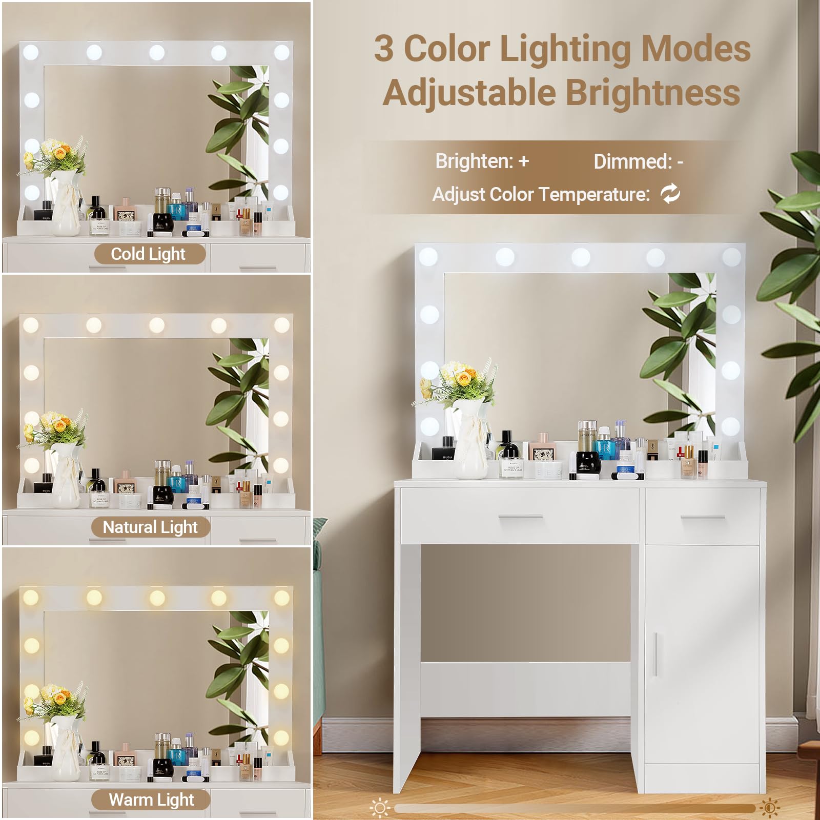 Modern White Vanity Desk with LED Lights & Mirror - Makeup Dressing Table with Charging Station, 2 Drawers & Storage Cabinet for Women & Girls - Perfect for Bedroom, Dorm Room or Home Beauty Salon