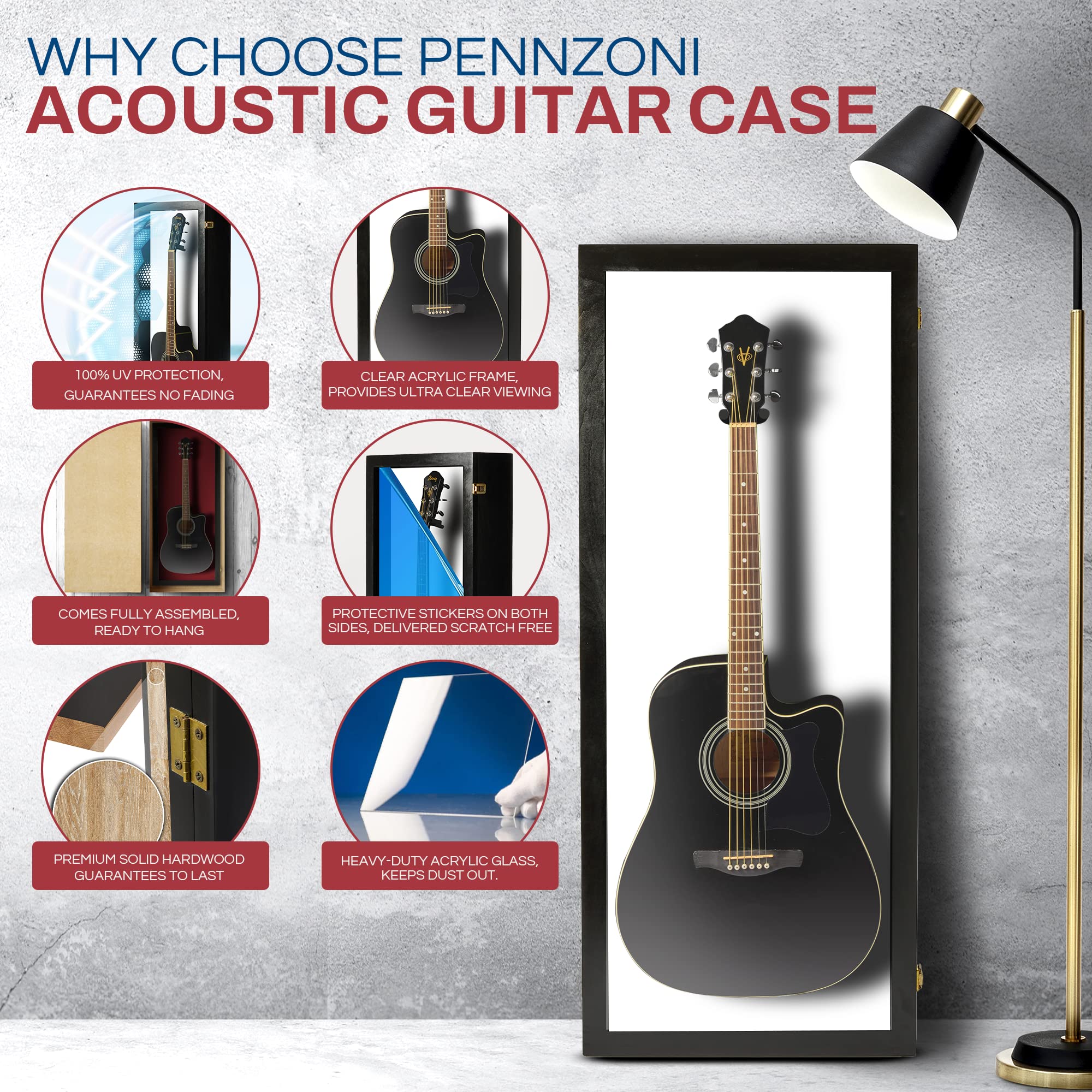 Premium Acoustic Guitar Display Case - Clear Acrylic Wall Mount Guitar Case with Hardwood Frame (Black with White Felt) - Perfect for Home, Studio & Music Store Decor