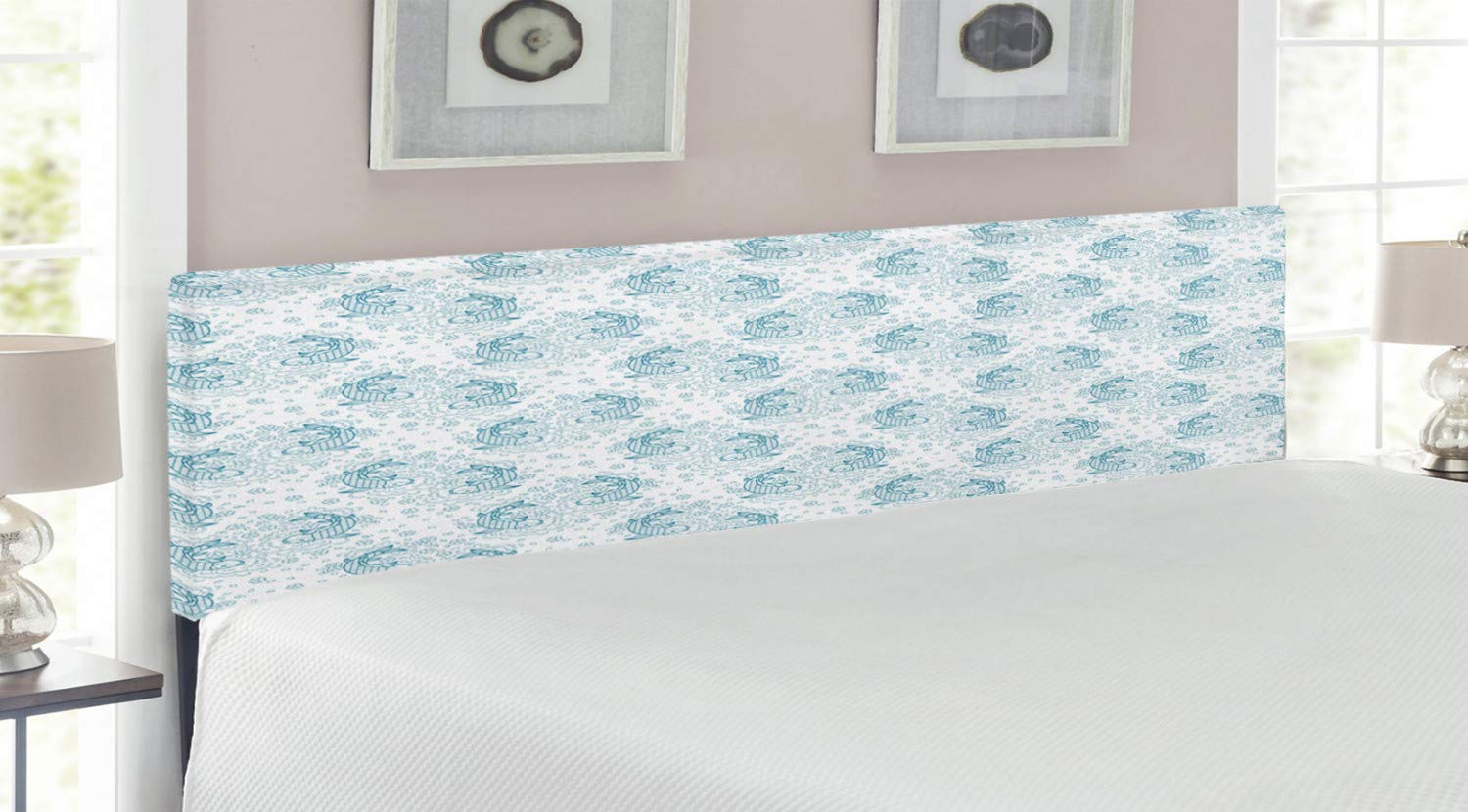 Ambesonne Asian Headboard - Japanese Inspired Koi Fish & Floral Doodle Design, Upholstered Metal Bed Headboard with Memory Foam - King Size, Blue & White - Perfect for Zen Bedroom Decor & Asian-Themed Interior Design