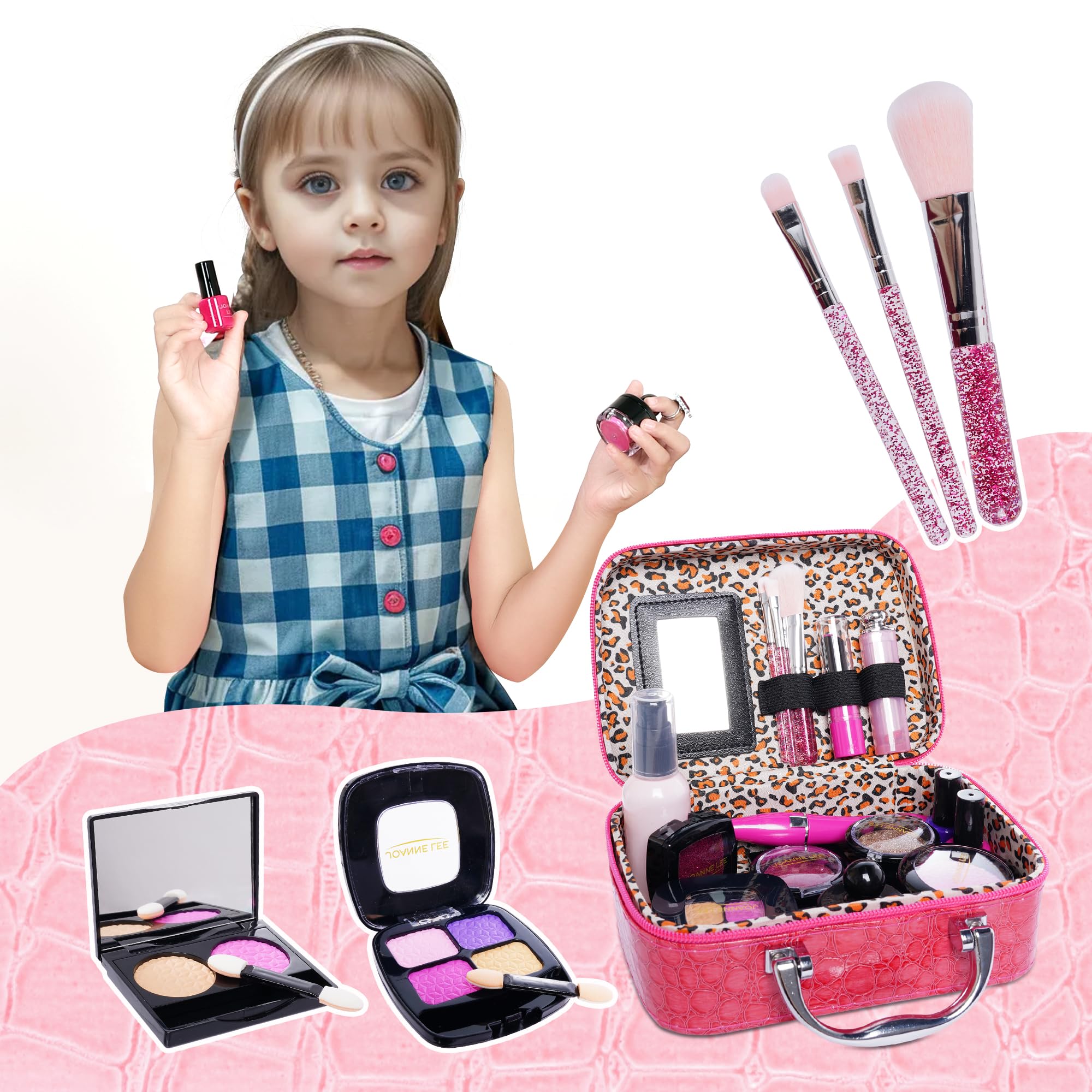 **Pretend Makeup Kit for Girls - 21pcs Rose Pink Play Makeup Set with Leather Bag & Gift Box - Perfect for Birthday & Christmas - Safe & Non-Toxic for Kids Age 3+ (Not Real Makeup) - Great for Role Play, Dress-Up & Imaginative Fun**