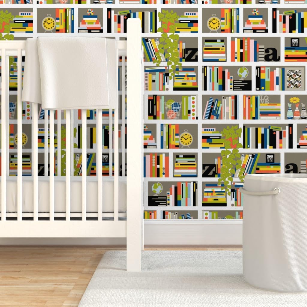 Peel & Stick Removable Wallpaper - 9ft x 2ft Bookshelf Design with Literature Typography & Plant Stripes | Self-Adhesive Wall Decor for Living Room, Bedroom, Office & Study | Easy to Apply & Remove