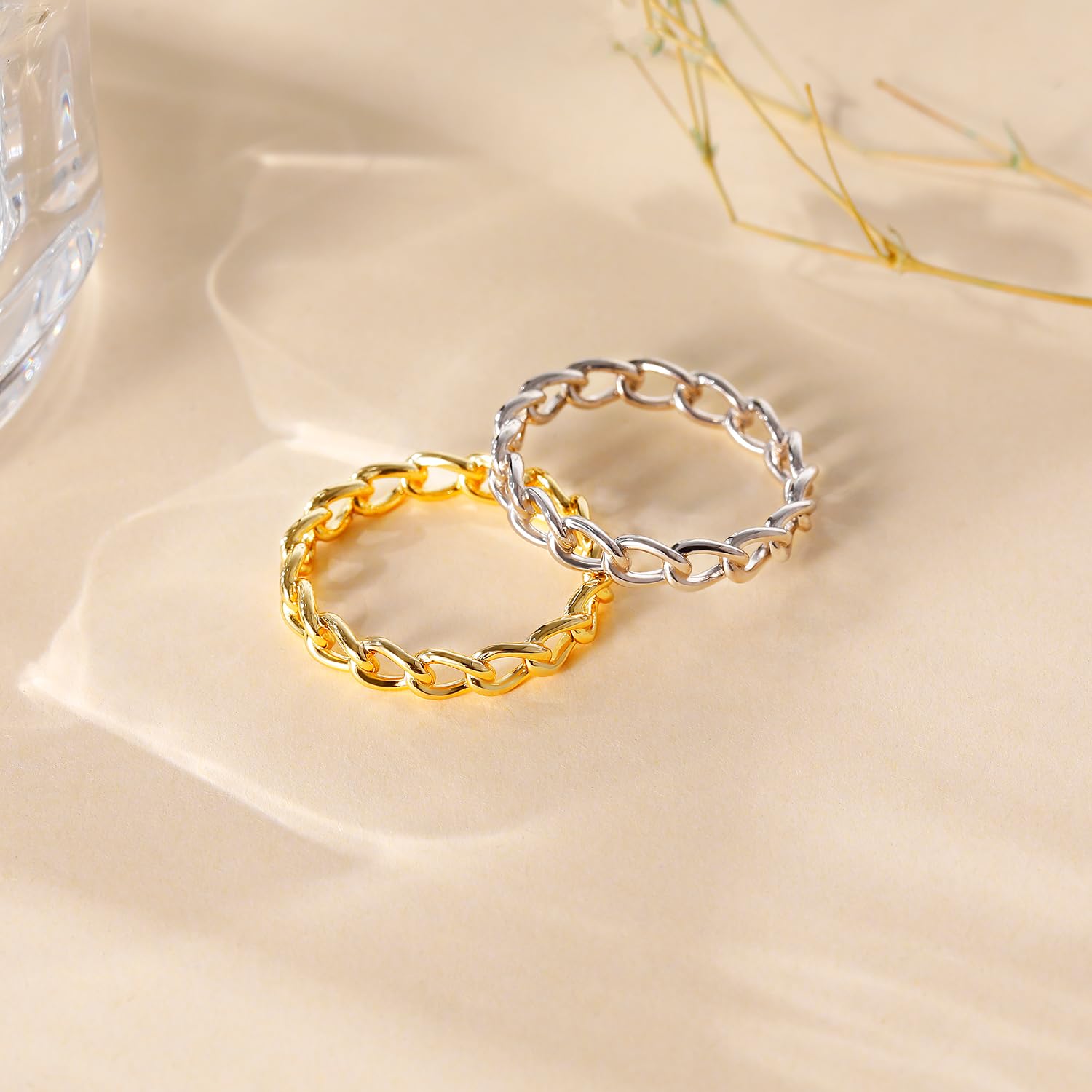 3.8mm 925 Sterling Silver 14K Gold Plated Stackable Wedding Band Rings for Women - Open Chain Link Engagement Ring Set, Sizes 4-12 - Perfect for Bridal Stacking, Anniversary Gifts & Everyday Elegance