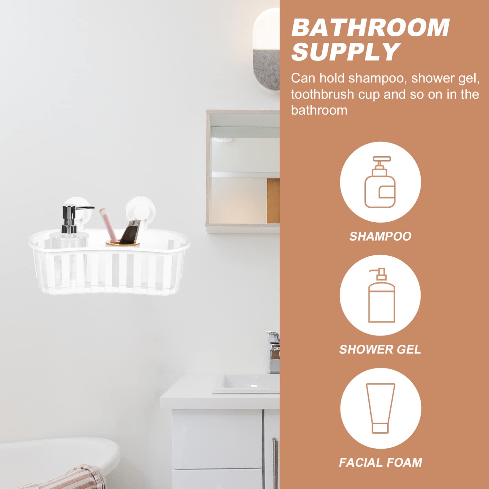 Cabilock Wall-Mounted Shower Storage Basket - White Plastic Suction Shelf Organizer for Bathroom, Kitchen & Living Room - Perfect for Storing Toiletries, Spices & Small Items