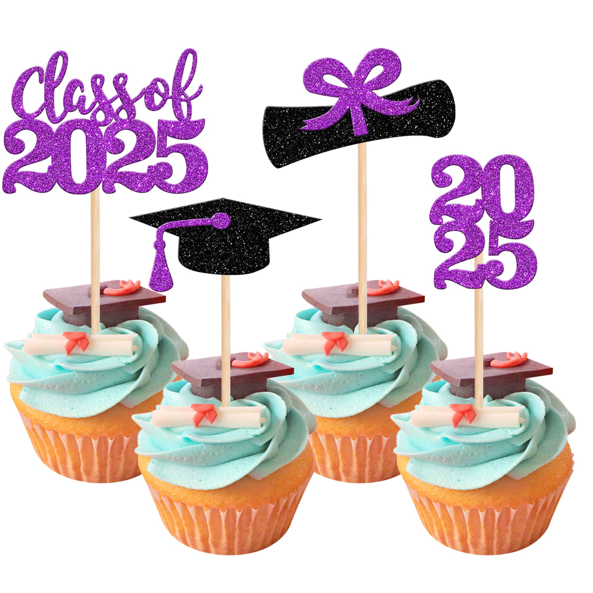36 PCS 2025 Graduation Cupcake Toppers - Glitter Class of 2025 Diploma & Cap Cake Decorations - Purple Graduation Party Supplies for Graduation Cakes, Cupcakes & Desserts