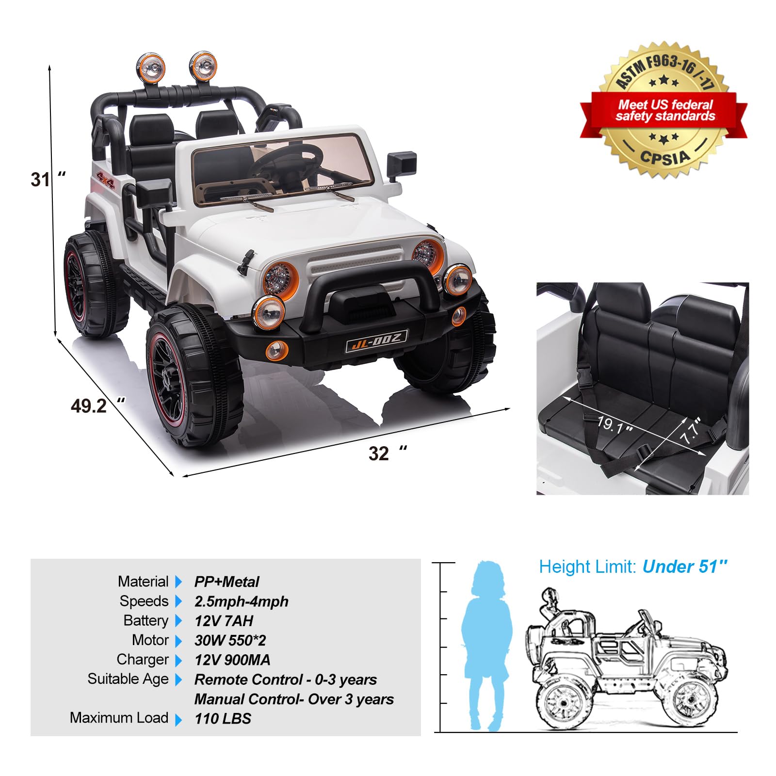 12V Kids Electric Ride On Truck - 2 Seater with Parental Remote Control, MP3 Player, LED Lights & Spring Suspension - White Children's Battery Powered Car for Outdoor Play & Backyard Fun
