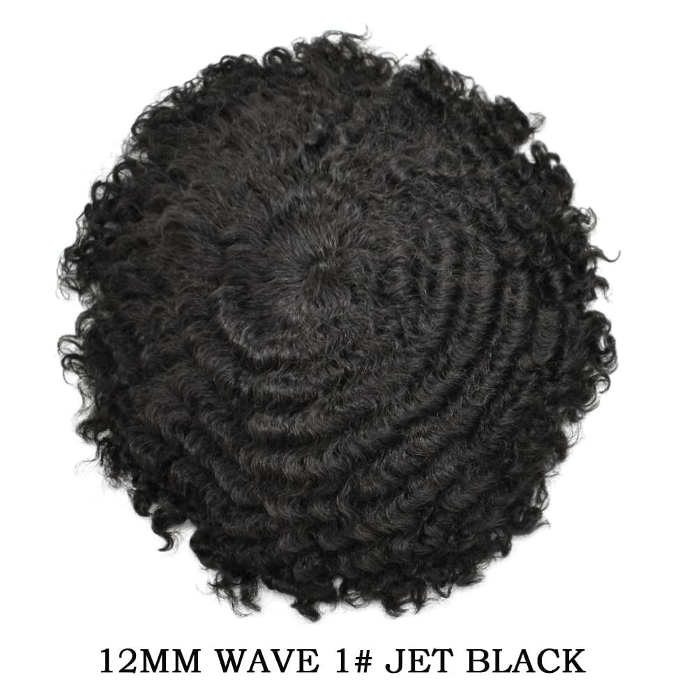 Afro Curl Toupee for Black Men - 100% Human Hair Replacement System with Kinky Curly 12mm Afro Wave (Jet Black #1) - Natural-Looking Mens Wig for African American Hair Loss & Styling - Perfect for Daily Wear, Special Occasions & Confidence Boosting