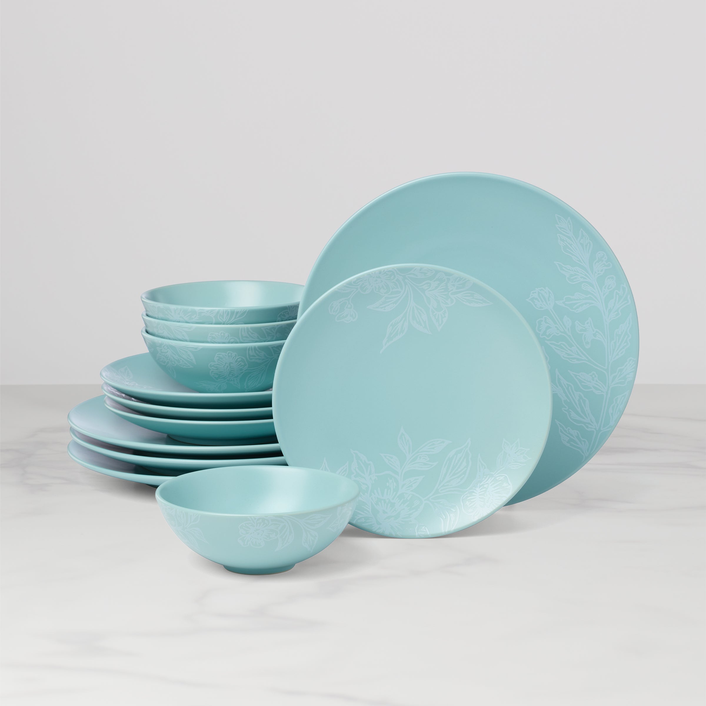 Roseto French Blue 12-Piece Dinnerware Set - Elegant Porcelain Plates, Bowls & Cups for Formal Dining, Wedding Registry & Holiday Entertaining