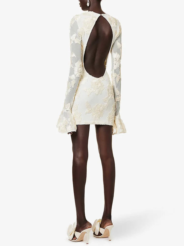 Sexy Backless Mini Dress for Women - Round Neck, Flare Sleeve, High Waist Patchwork Jacquard A-Line Dress | Perfect for Date Night, Club Outfits & Summer Parties
