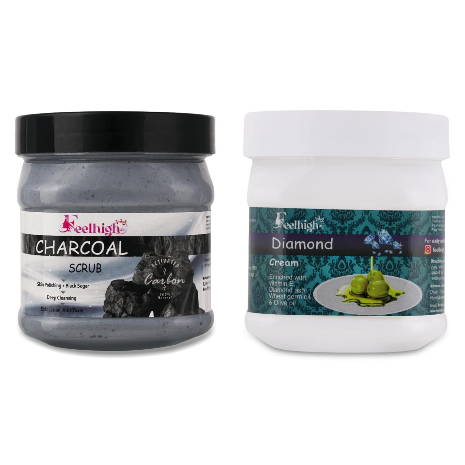 Feelhigh Charcoal Face & Body Scrub with Diamond Cream - 2-Piece Skincare Set for Deep Cleansing & Hydration | Perfect for Acne-Prone & Dry Skin