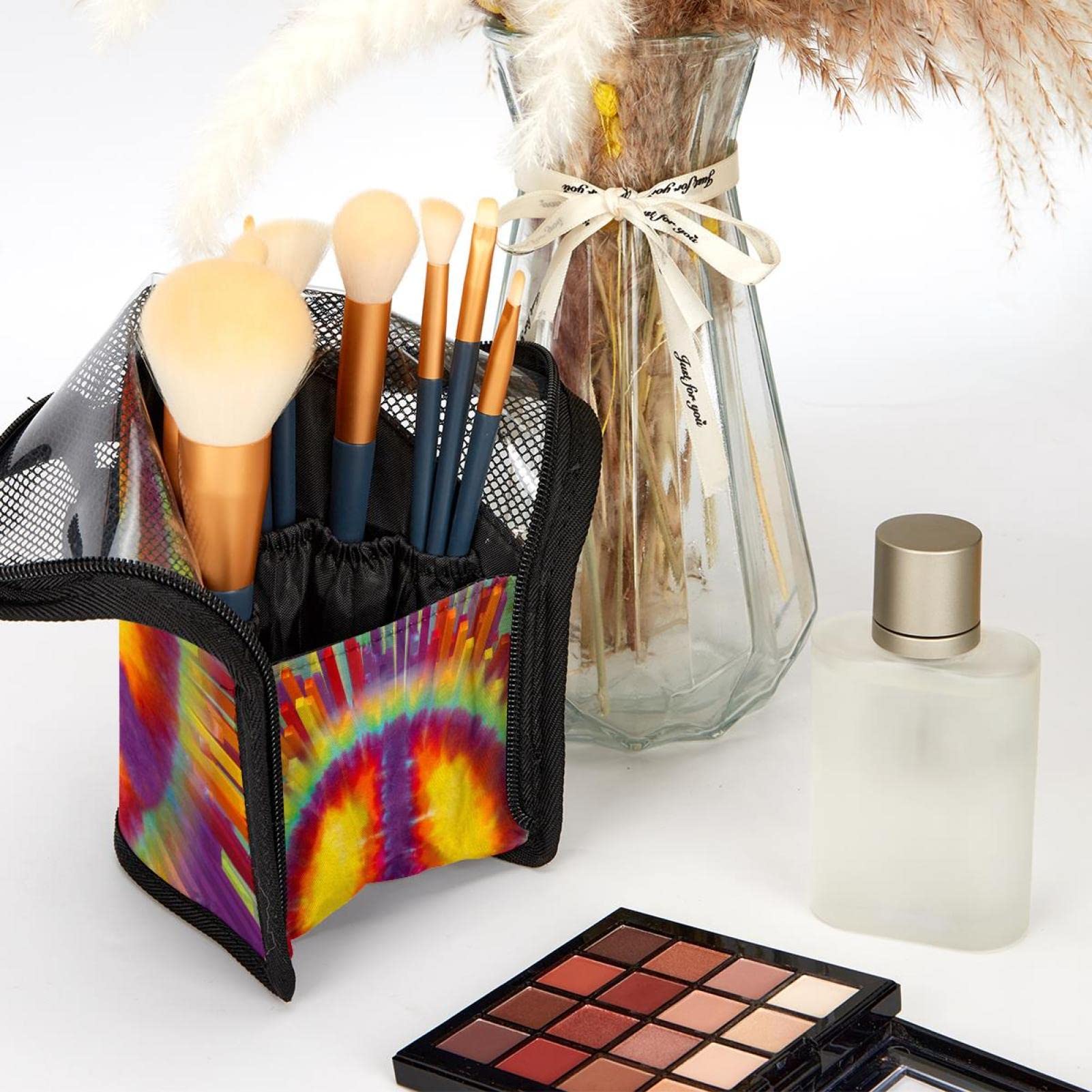 12-Piece Makeup Brush Organizer Set with Abstract Peace Logo Tie-Dye Design - Portable Cosmetic Brush Holder Bag for Travel & Home Storage