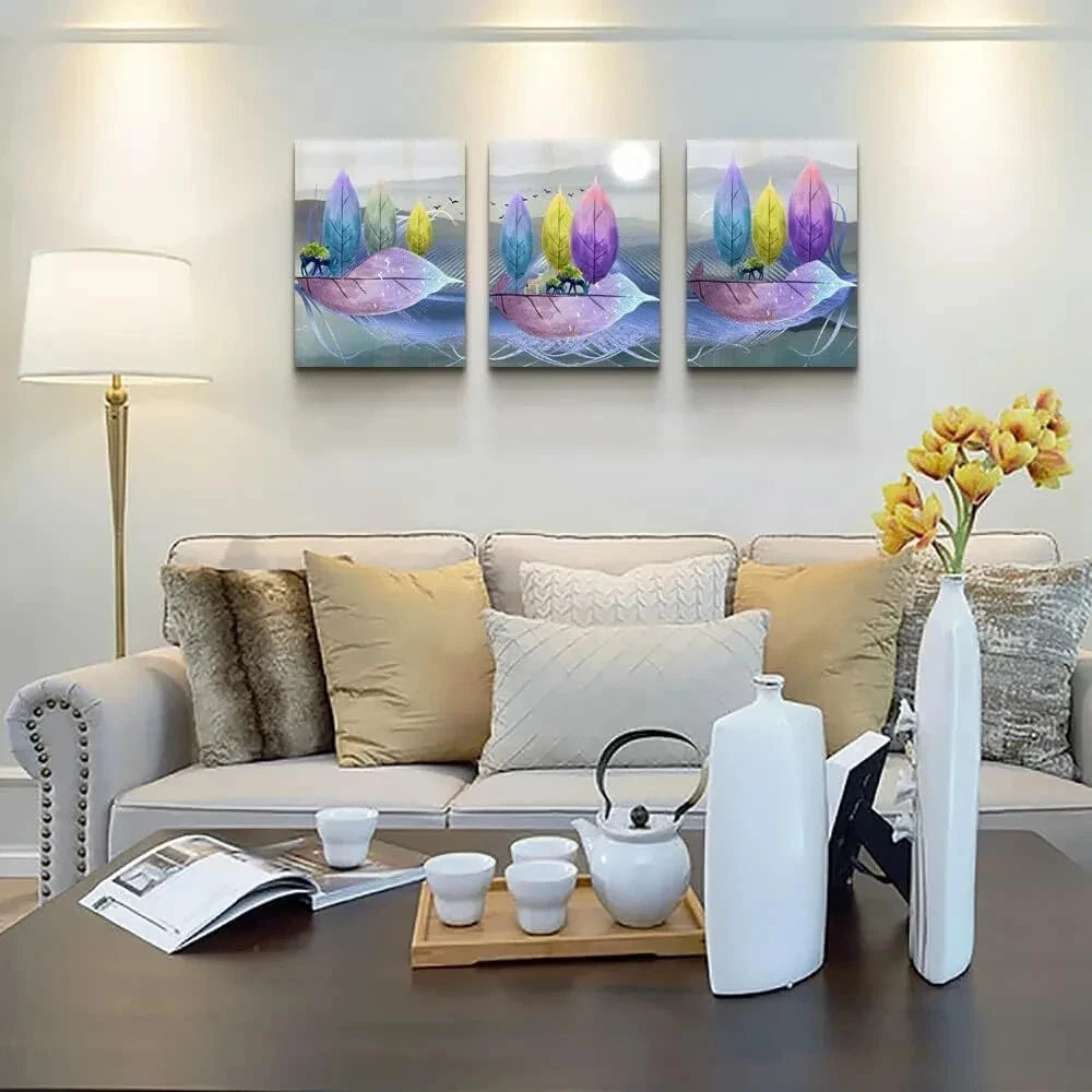 3-Piece Abstract Colorful Leaves Deer Metal Wall Art - Ready to Hang Home Decor for Living Room, Bedroom & Office
