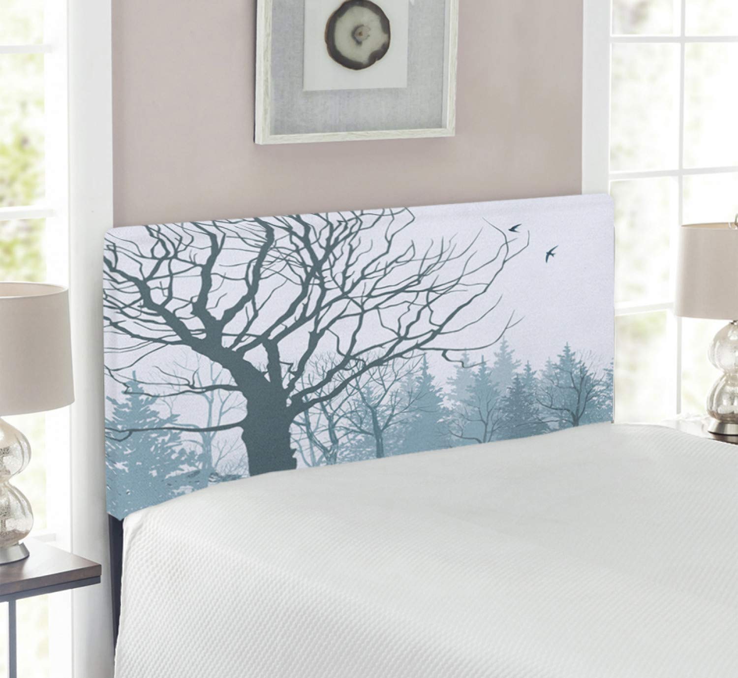 Ambesonne Winter Headboard - Snowy Forest with Leafless Tree & Flying Birds, Upholstered Metal Bed Headboard with Memory Foam, Twin Size, Petrol Blue - Perfect for Cozy Winter Bedrooms & Holiday Home Decor