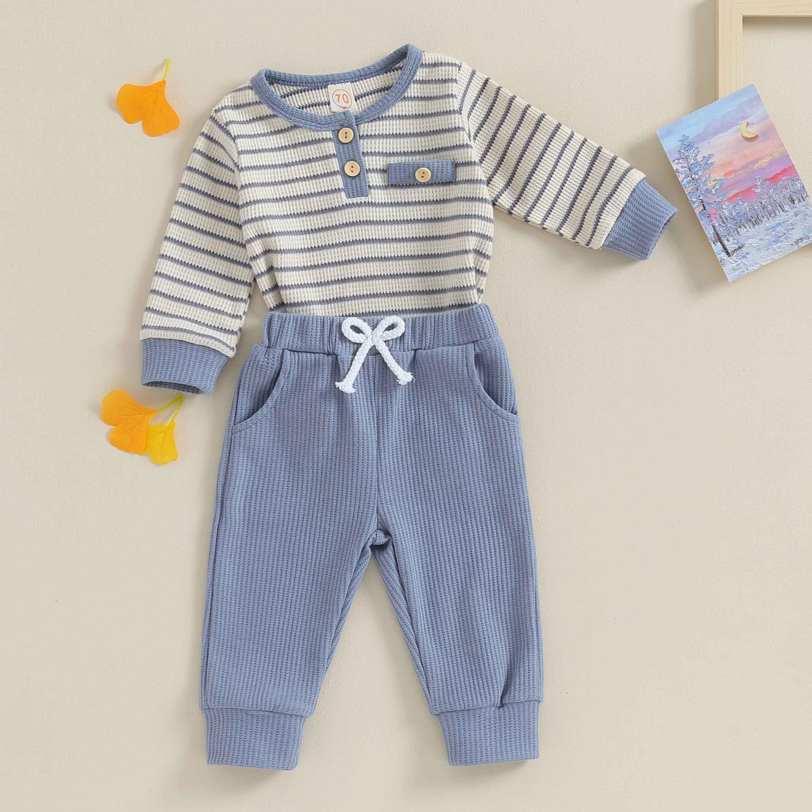 Kuriozud Newborn Baby Boy Clothes - Soft Waffle Long Sleeve Romper & Pants Set with Button Front | Cozy Fall Winter Outfit for Infants | Perfect for Family Photos, Holiday Gatherings & Daily Wear