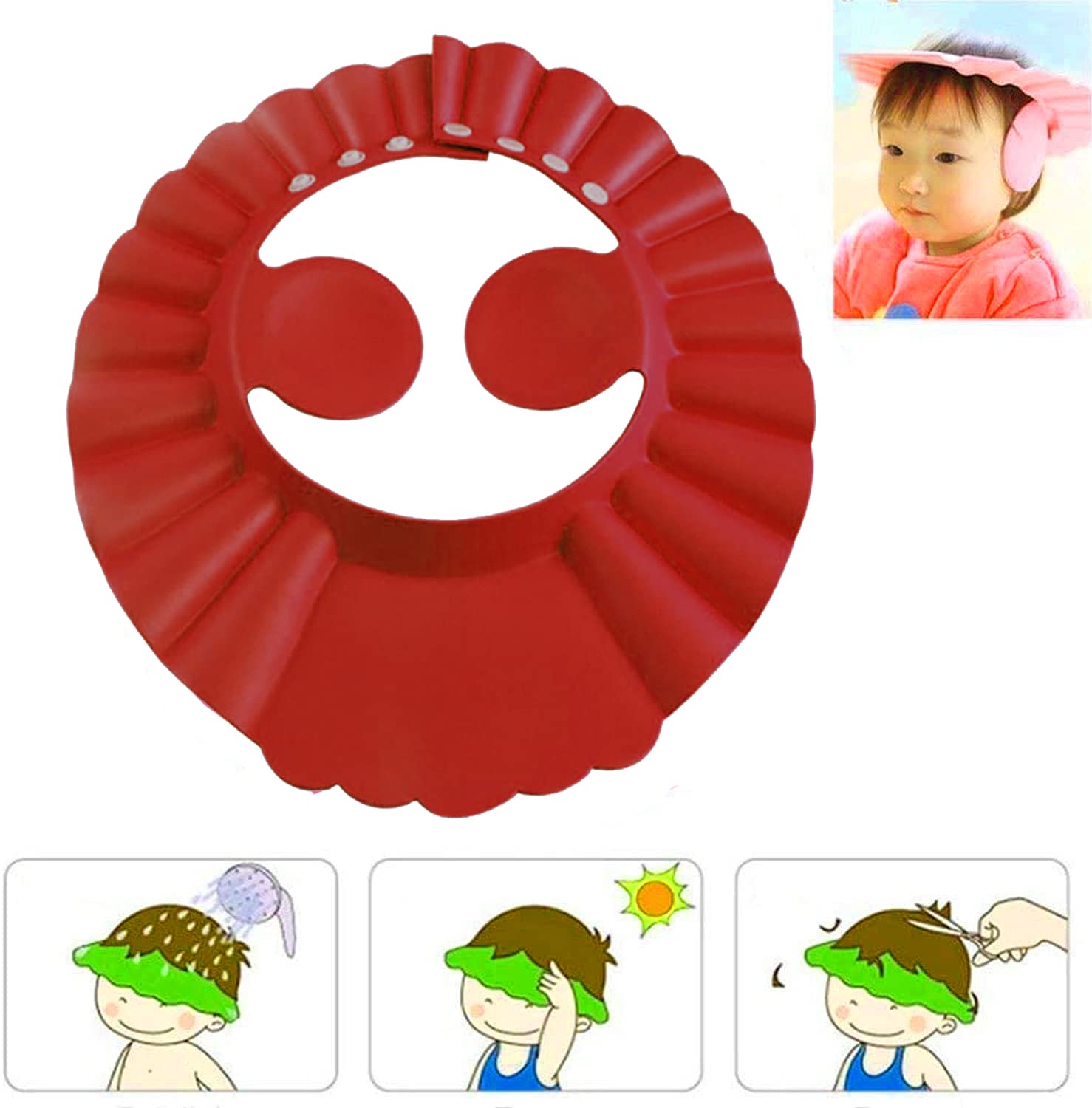 Waterproof Adjustable Kids Shower Cap for Bathing & Hair Washing - Soft Rubber Elastic Band, Maroon Color - Perfect for Toddlers, Children & Sensitive Skin (Home, Travel, Spa)