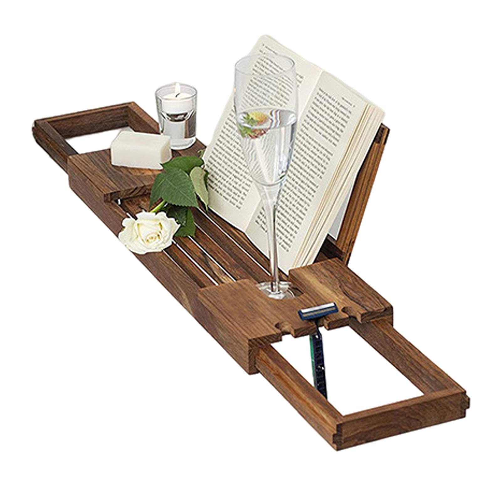 Expandable Teak Bathtub Tray with Wine Glass & Book Holder - Solid Wood Bathroom Caddy for Tablets & Accessories (20