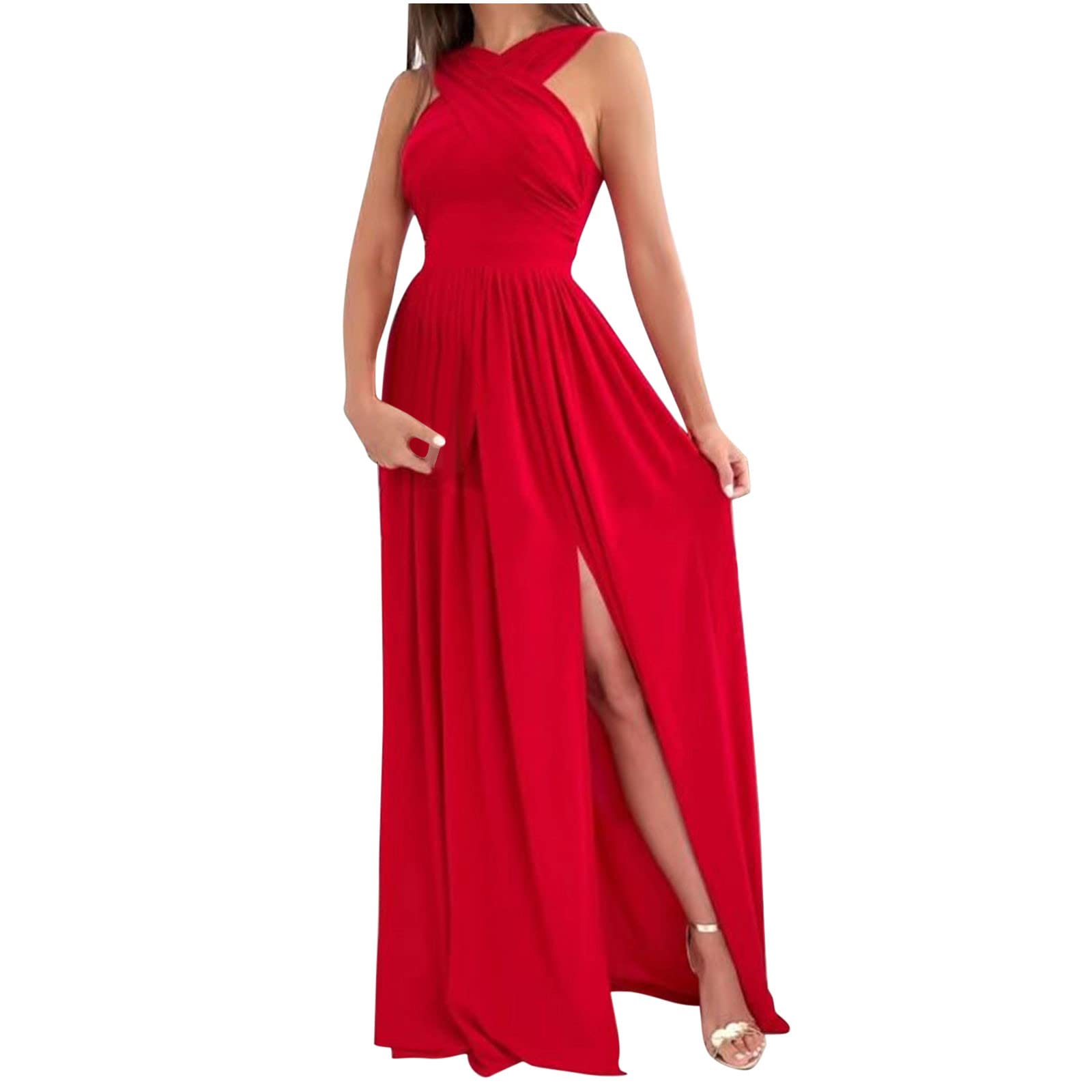 Sexy Women's Wrap Neck Maxi Dress - Sleeveless Crossover V-Neck Long Dress with High Slit for Wedding Guest, Party & Evening Occasions | Elegant & Flattering Formal Gown for Special Events
