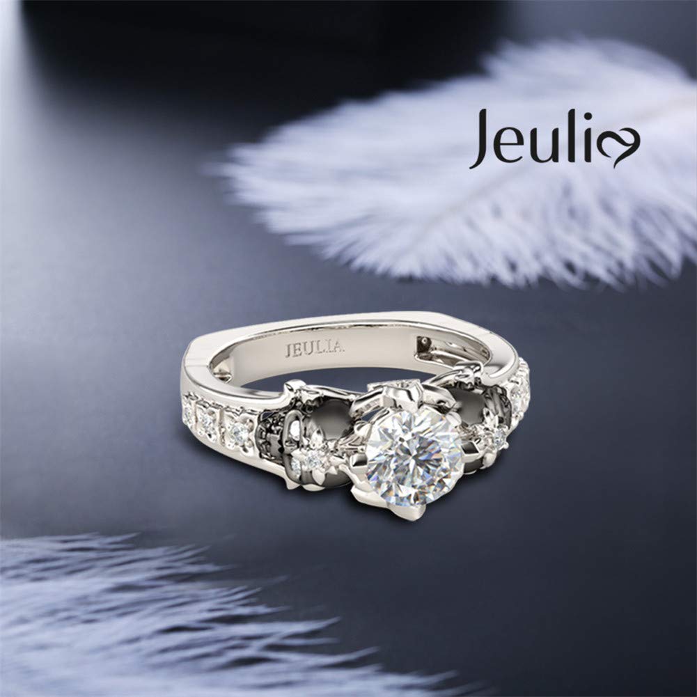 Jeulia 2 Carat Round Cut Diamond Skull Ring for Women - Sterling Silver Two-Tone Wedding Band, Customizable Bridal Ring, European Shank Engagement Promise Ring with Gift Box - Perfect for Gothic Weddings, Unique Anniversary Gifts & Alternative Fashion Jewelry