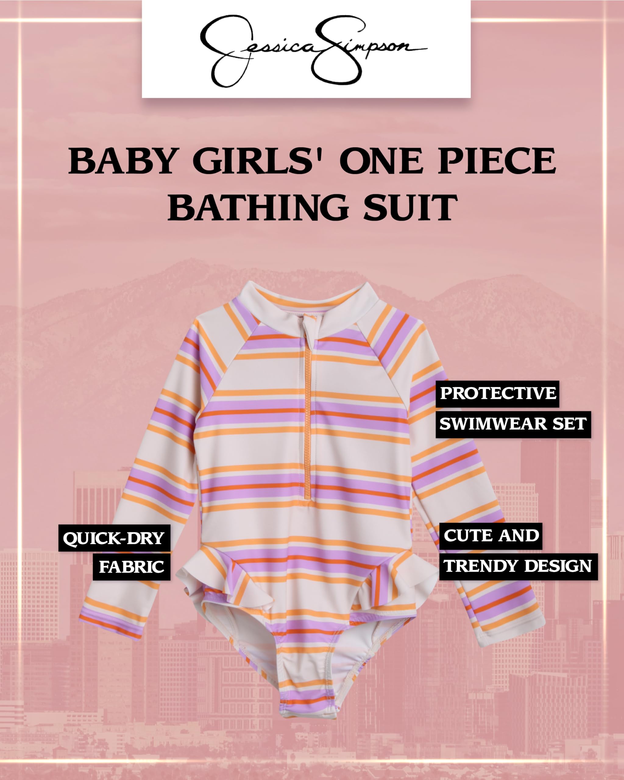 Jessica Simpson UPF 50+ Quick Dry Long Sleeve Baby Girls' Rashguard Swimsuit - Sun Protection One Piece Bathing Suit for Toddlers 12M-4T | Beach, Pool & Water Play Outfit