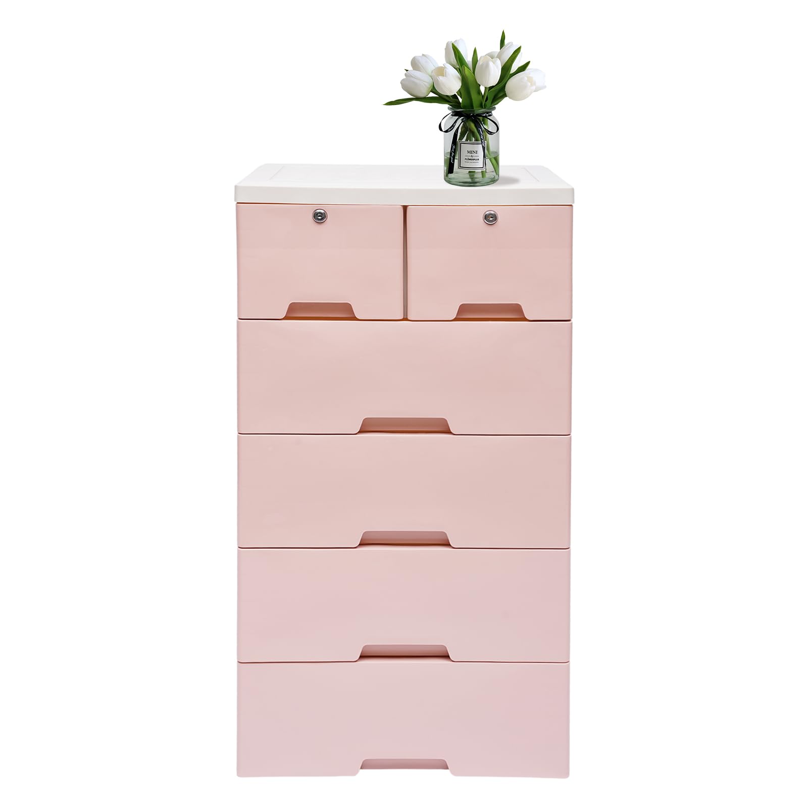 6-Drawer Rolling Dresser with Lock - Plastic Storage Cabinet for Clothes, Modern Bedroom & Closet Organizer, Pink Fabric Dresser for Bedroom, Office, Nursery & Dorm Organization - Space-Saving Storage Solution