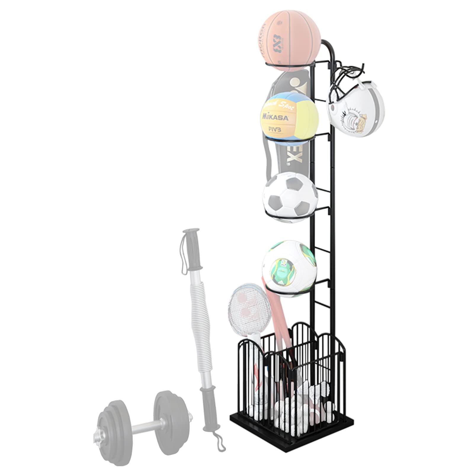 Extra Tall Sports Equipment Organizer - Heavy Duty Basketball Baseball Helmet & Racket Storage Rack with Hooks - Perfect for Playground, Kindergarten, Nursery & Home Ball Cage Organization