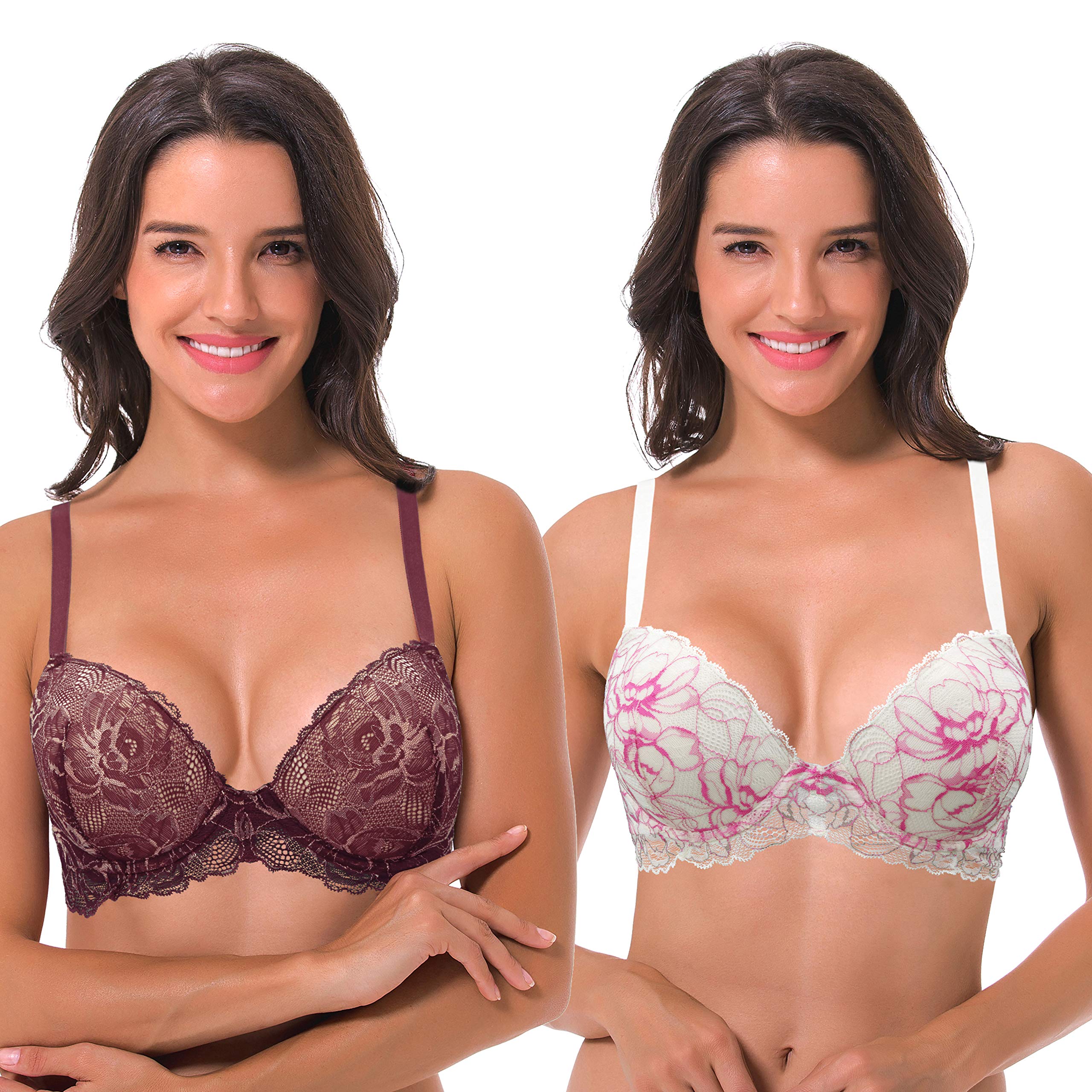 Curve Muse Women's Plus Size Underwire Push Up Bra - Lace Lingerie Adds 1.5 Cup Sizes | Perfect for Date Nights, Special Occasions & Everyday Comfort