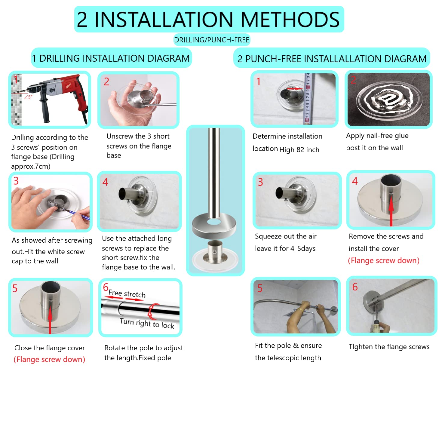 No-Drill Stretchable 304 Stainless Steel L-Shaped Shower Curtain Rod - Adjustable Length 28.55