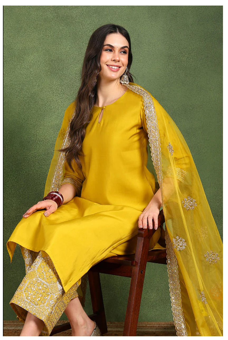 Elegant Yellow Silk Blend Kurta Set for Women | Comfortable & Stylish Indian Ethnic Wear | Perfect for Festivals, Weddings & Parties