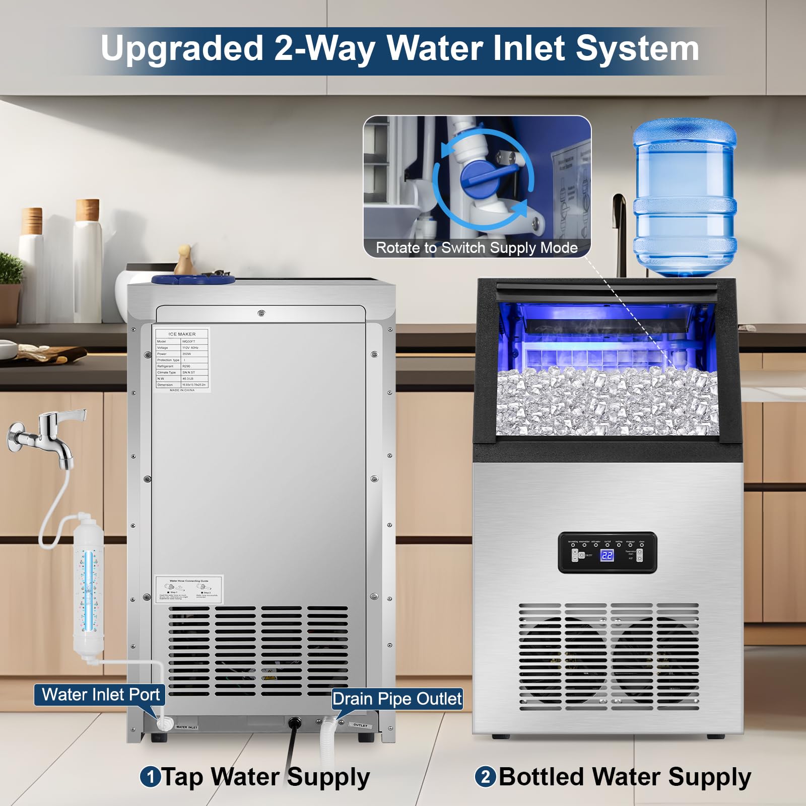 Commercial Ice Maker Machine 120Lbs/24H, Stainless Steel Under Counter or Freestanding with 2 Water Inlet Modes - Makes 36 Ice Cubes in 8-15 Mins, 28Lbs Storage Bin - Perfect for Home, Office, Bar, Restaurant, and Commercial Use