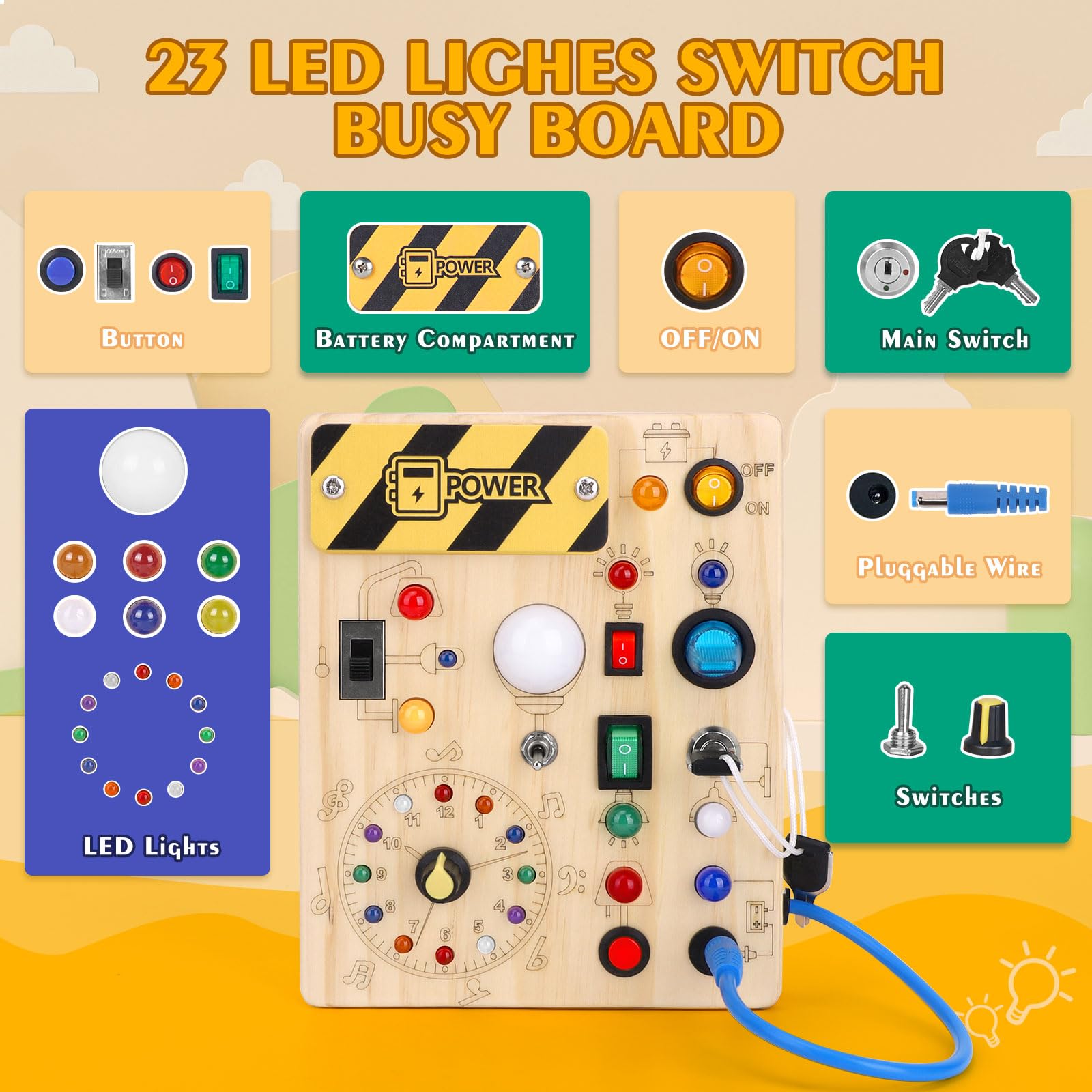 Montessori Wooden Busy Board with Clock & 11 LED Light Switches - Sensory Travel Toy for Toddlers 1+ Years Old - Perfect for Learning Time & Fine Motor Skills Development at Home or On the Go