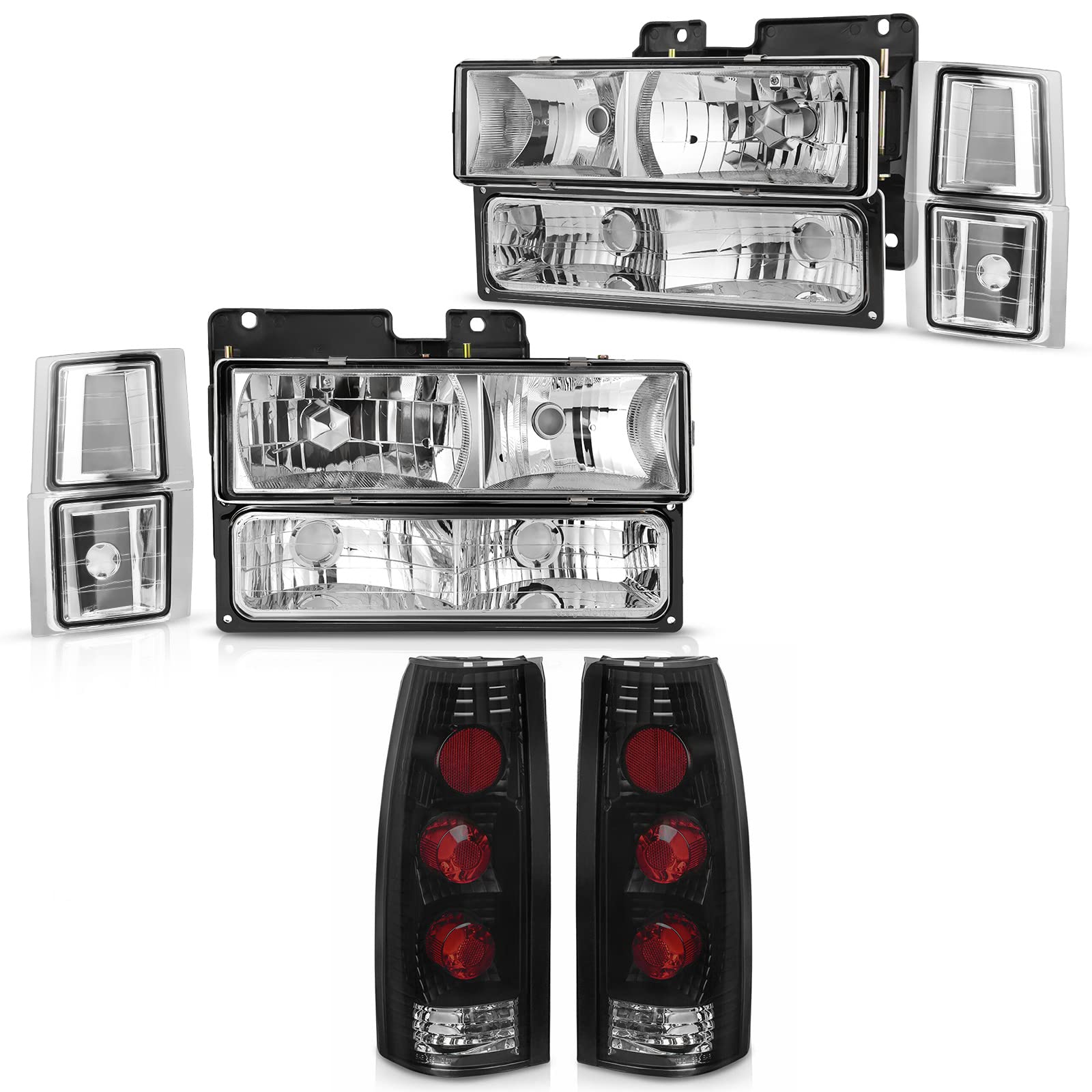 DWVO Headlights & Tail Lights Assembly Compatible with 1994-1998 Chevy C/K 1500, 1994-2000 C/K 2500/3500, 1995-1999 Chevy Tahoe - Chrome Housing Replacement Headlights + Smoked Lens Taillights Combo Kit - Perfect for Off-Roading, Night Driving & Vehicle Restoration