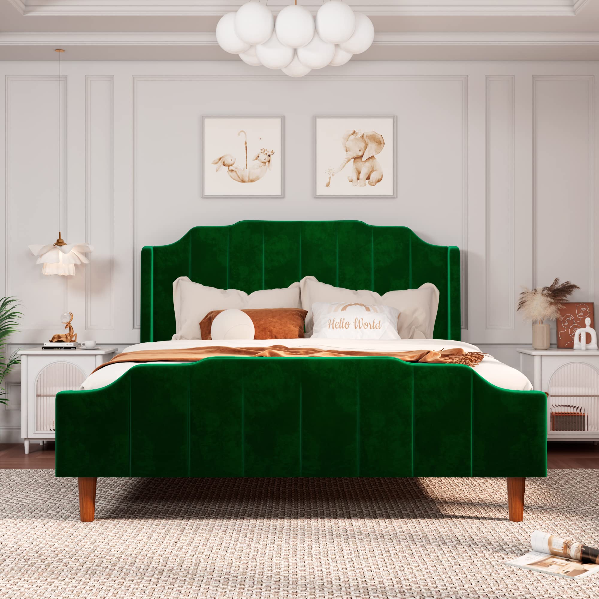 Allewie Queen Size Velvet Upholstered Platform Bed Frame with Vertical Headboard & Footboard - Solid Wood Legs & Reinforced Slat Support - No Box Spring Required - Easy Assembly - Emerald Green - Perfect for Modern Bedrooms & Guest Rooms