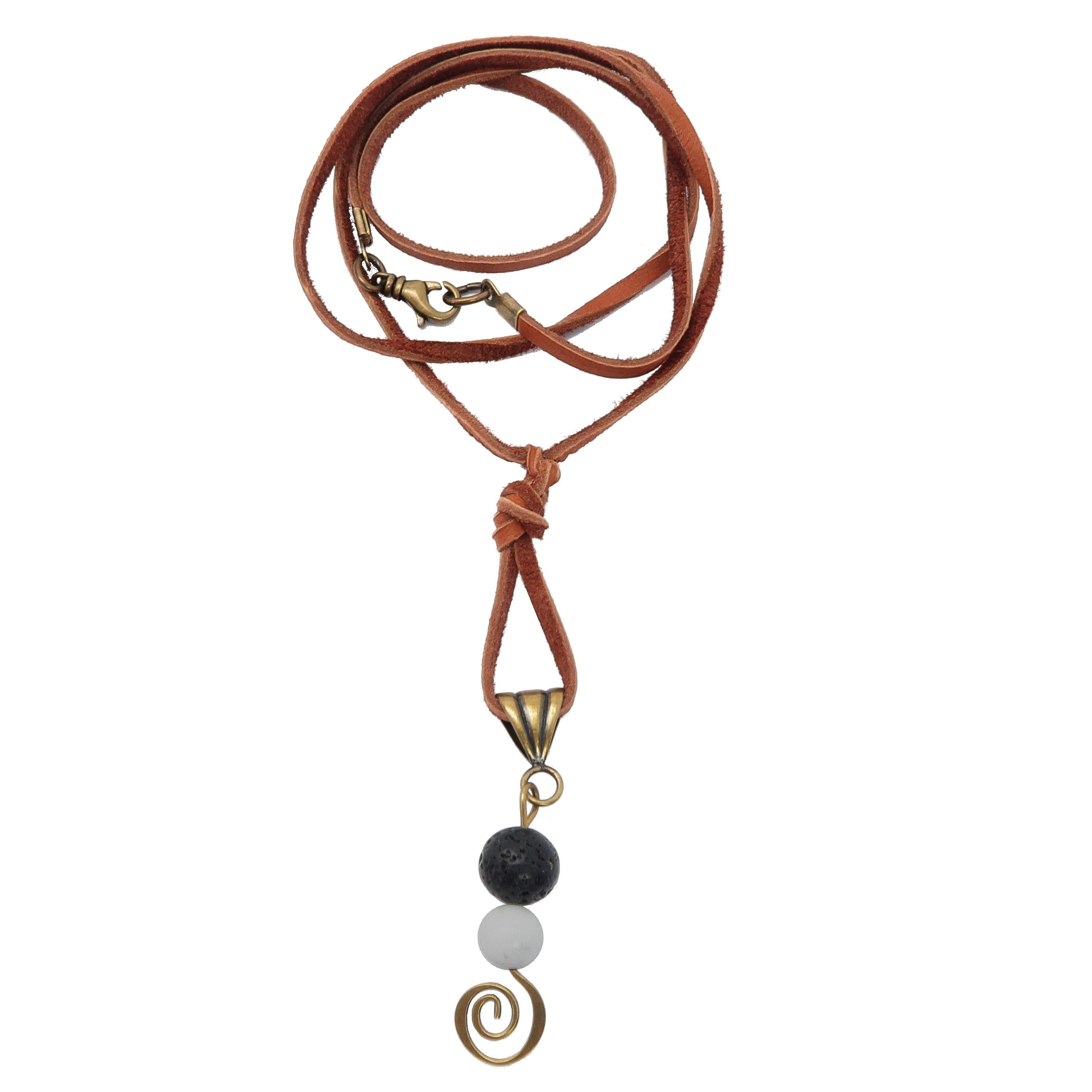 Lava Stone & Howlite Beaded Yin Yang Spiral Necklace - Leather Cord Chakra Balancing Jewelry for Meditation, Yoga & Spiritual Healing