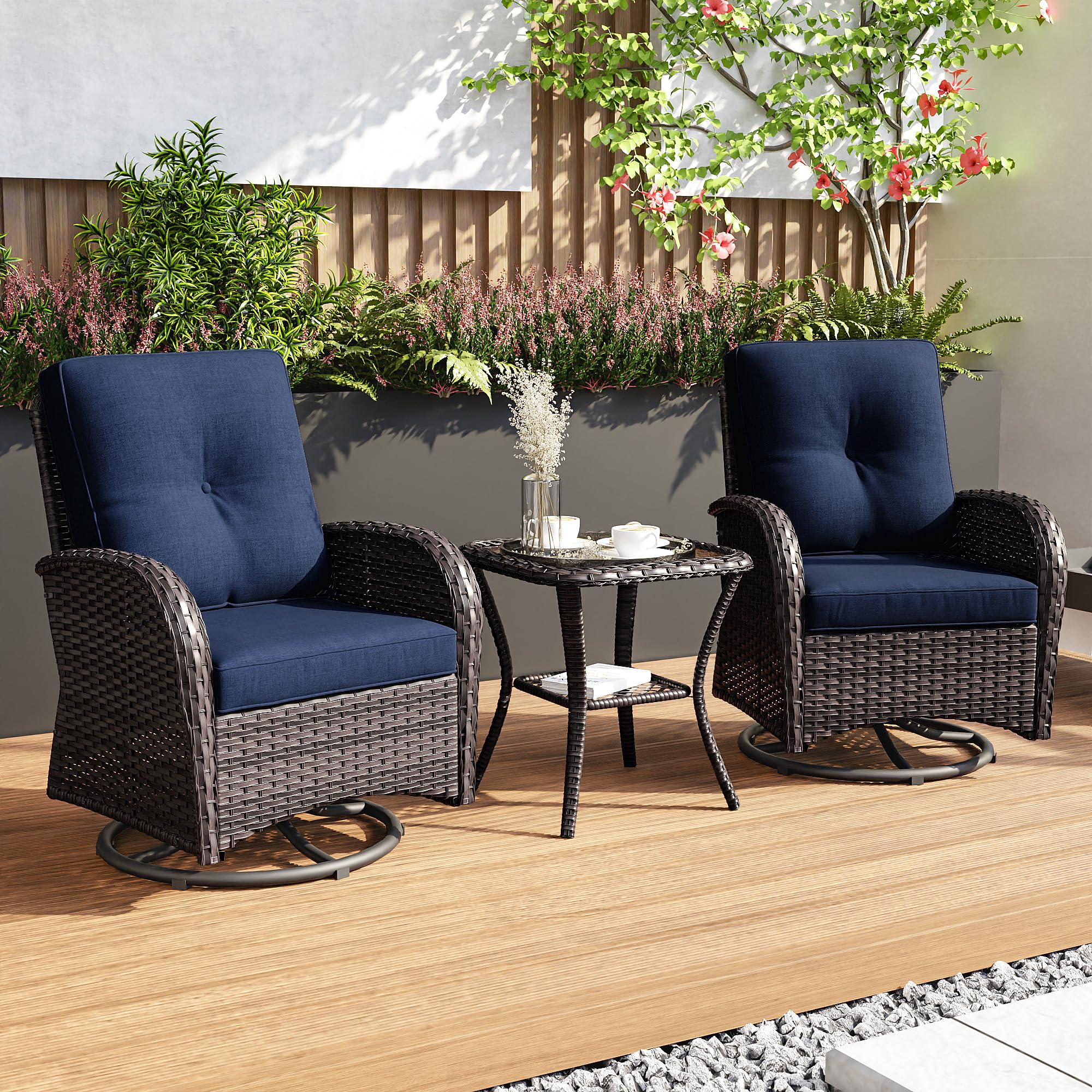 Joyside 3-Piece Patio Swivel Rocking Chair Set - 2 Wicker Swivel Rockers with Side Table, Outdoor Furniture for Porch, Deck & Garden (Brown/Blue) - Perfect for Relaxing, Entertaining & Sunbathing
