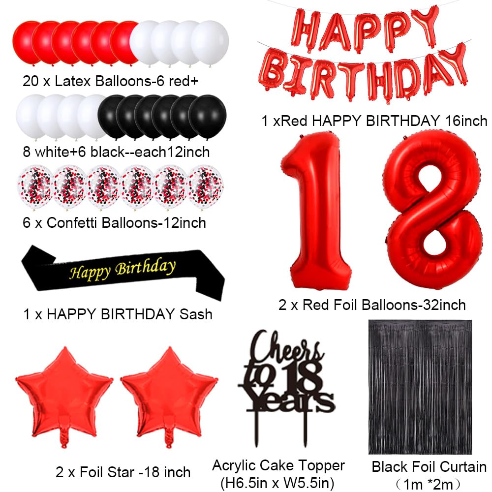 18th Birthday Party Decorations Set - Happy Birthday Banner, Sash, Cake Topper, Number 18, Confetti & Balloons for Girls - Red & Black Theme Decor for Women's 18th Birthday Celebration | Perfect for Sweet 16, Quinceañera, Graduation & Milestone Parties