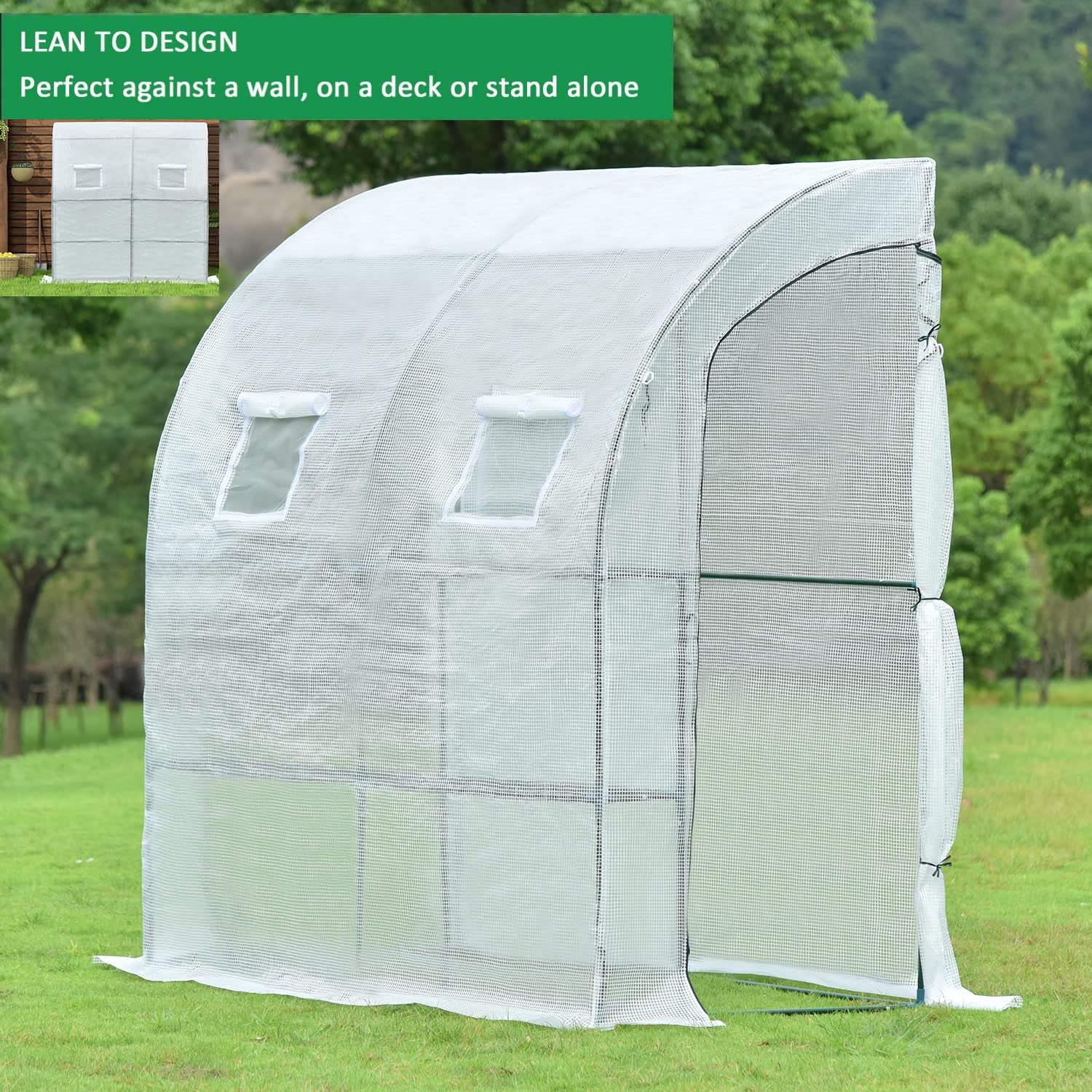 Aoodor 6.7ft x 3.3ft x 7.2ft Walk-in Lean-to Wall Greenhouse - UV Protected & Water Resistant White Polycarbonate Panel with 2 Zipper Doors for Backyard, Patio & Urban Gardening