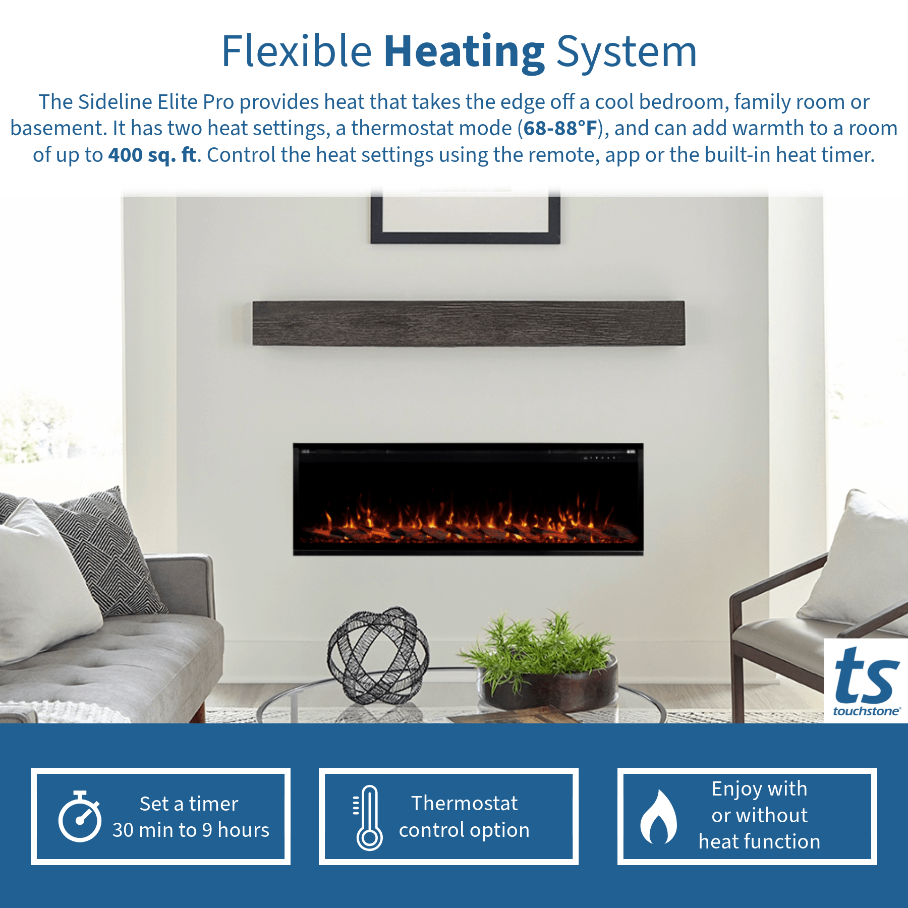 Sideline Elite Pro 72 Inch Smart Electric Fireplace with Remote Control - Modern Indoor Heating Solution for Living Room, Bedroom & Office (Model 80059)