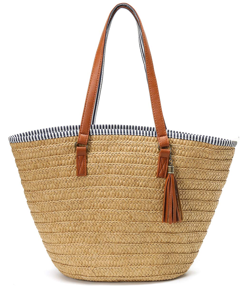 Stylish Straw Beach Tote Bag with Tassels & Pom Poms - Handwoven Summer Shoulder Purse for Women | Perfect for Beach Vacations, Pool Parties & Boho Outfits