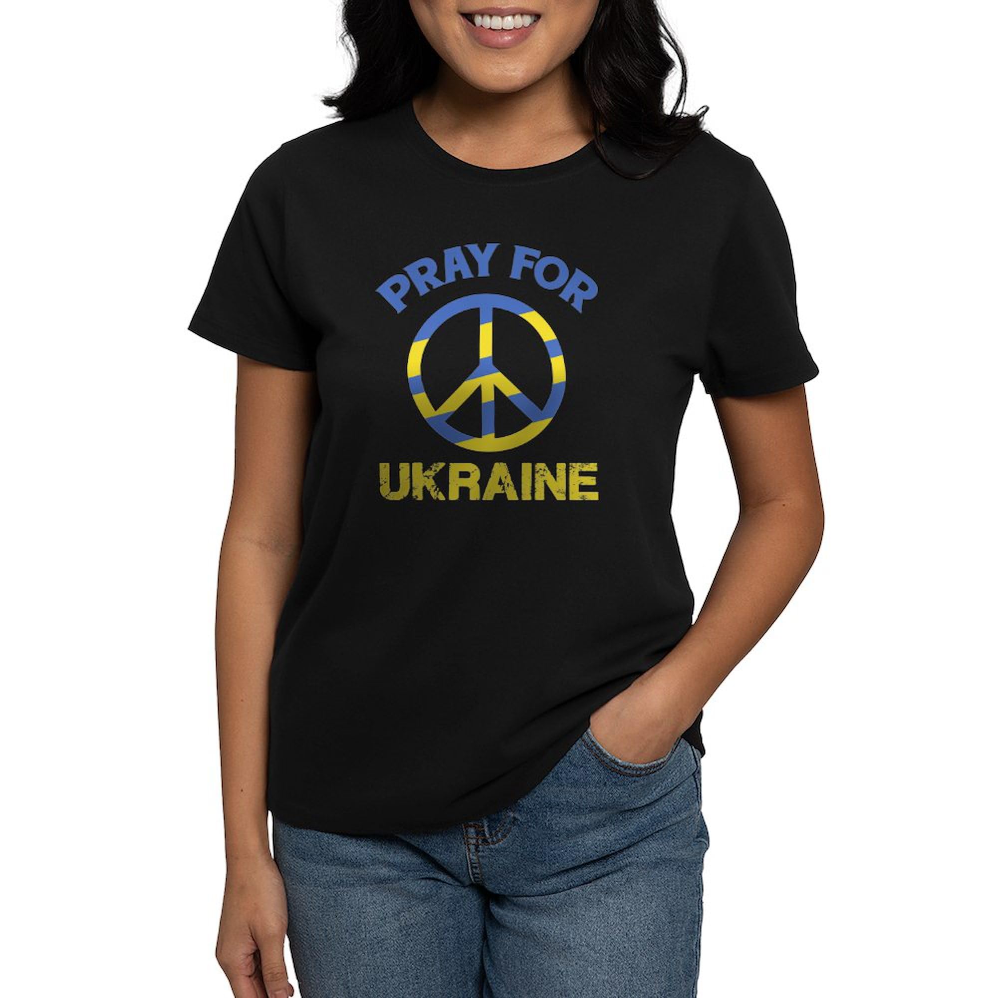 Pray for Ukraine Peace Sign Women's Cotton Dark T-Shirt - Comfortable Casual Wear for Protests, Fundraisers & Everyday Support