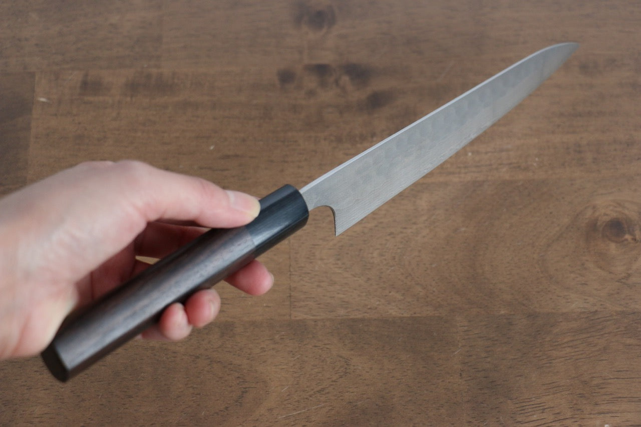 Premium Nao Yamamoto SRS13 Damascus Hammered Petty Knife 160mm - Handcrafted Japanese Utility Knife with Shitan Wood Handle - Perfect for Slicing, Chopping & Precision Kitchen Tasks