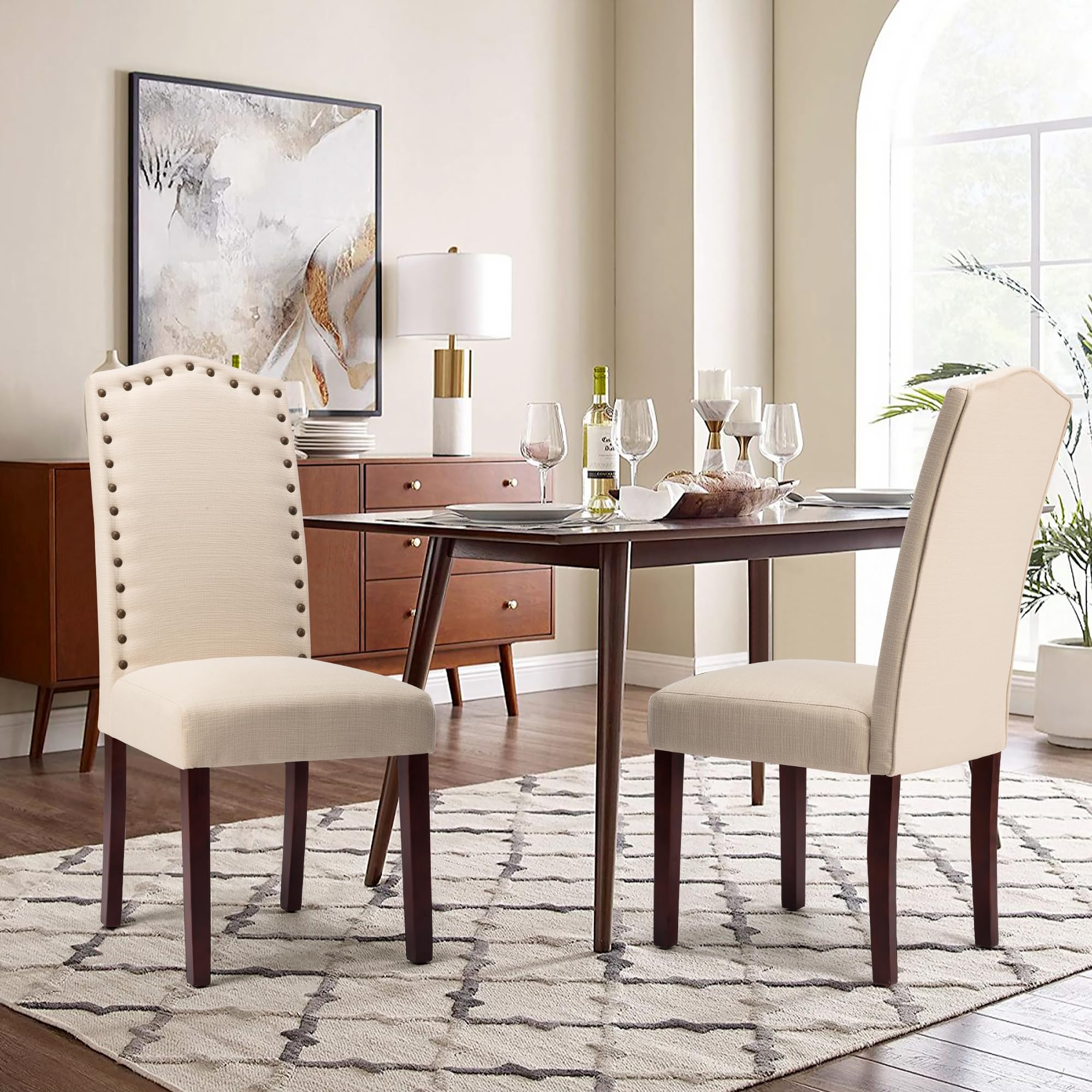 LSSBOUGHT Set of 2 Upholstered Parsons Dining Chairs - Beige Fabric Kitchen Chairs with Solid Wood Frame & Nailhead Trim - Perfect for Dining Room, Kitchen, and Breakfast Nook