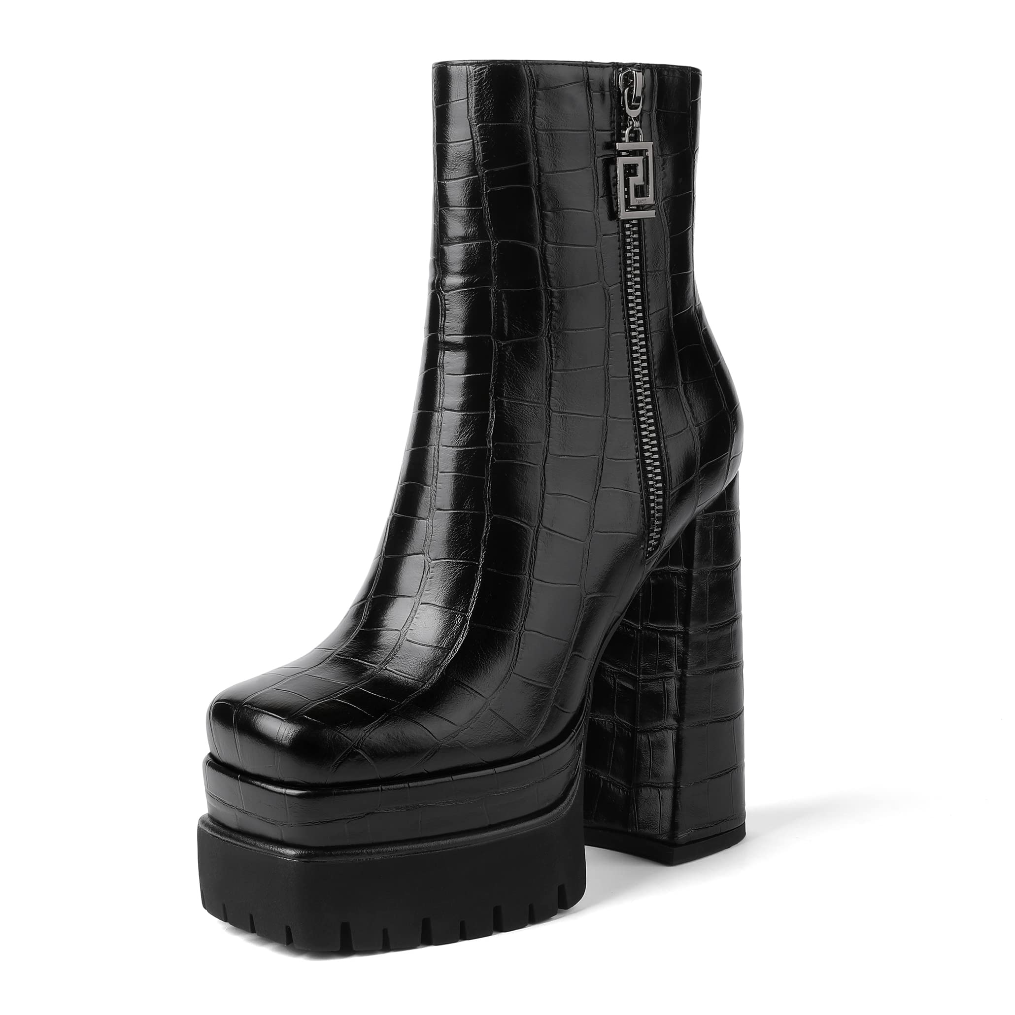 Eldof Women's Chunky High Heel Platform Boots - Square Toe Ankle Booties with Side Zipper | Fashion Winter Shoes for Casual Outfits, Parties & Street Style