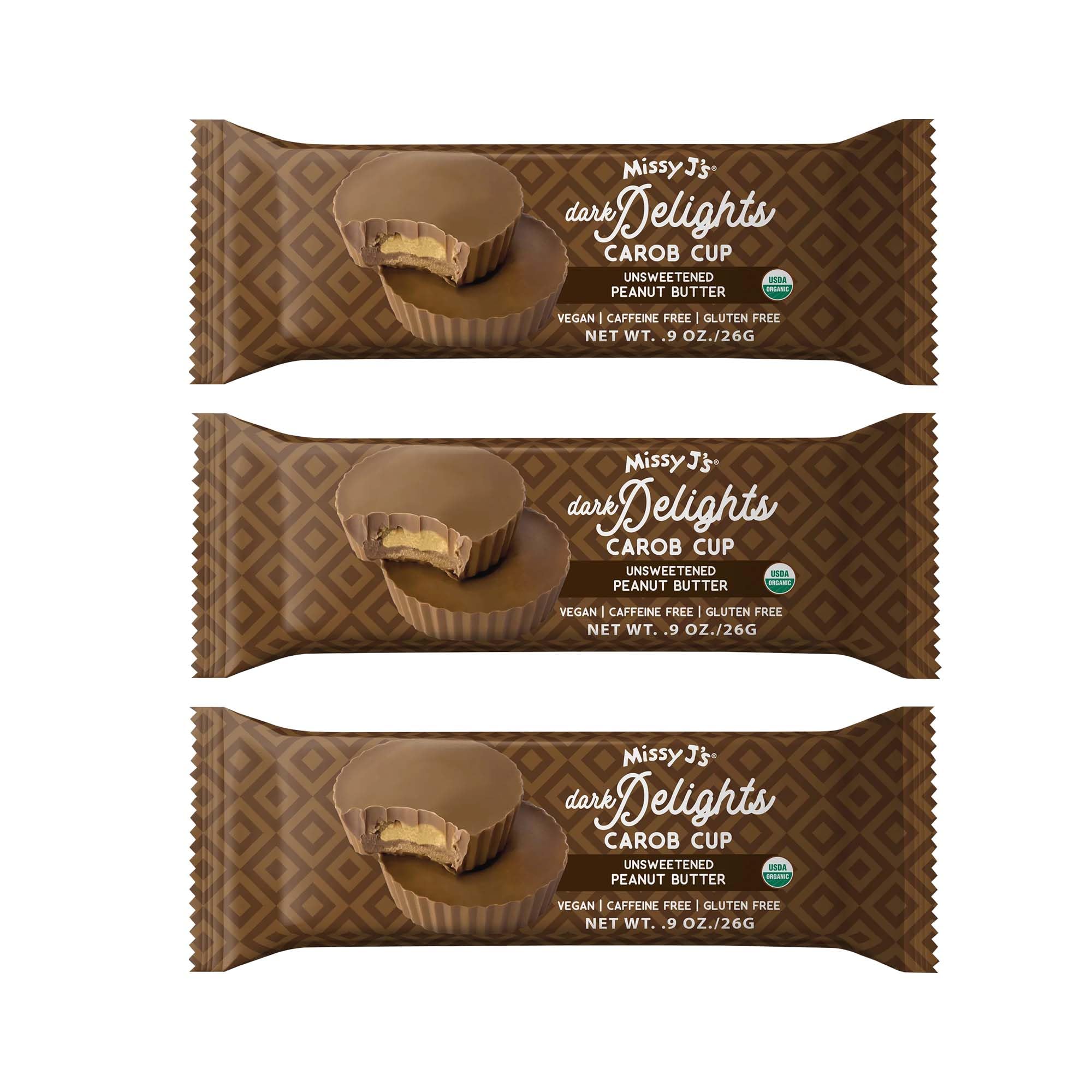 Organic Carob Dark Delights Unsweetened Peanut Cups - Vegan, Gluten-Free Chocolate Alternative (3 Pack, 0.9 Oz Each) | Healthy Snacks, Dessert Treats & Gift Ideas for Plant-Based Diets
