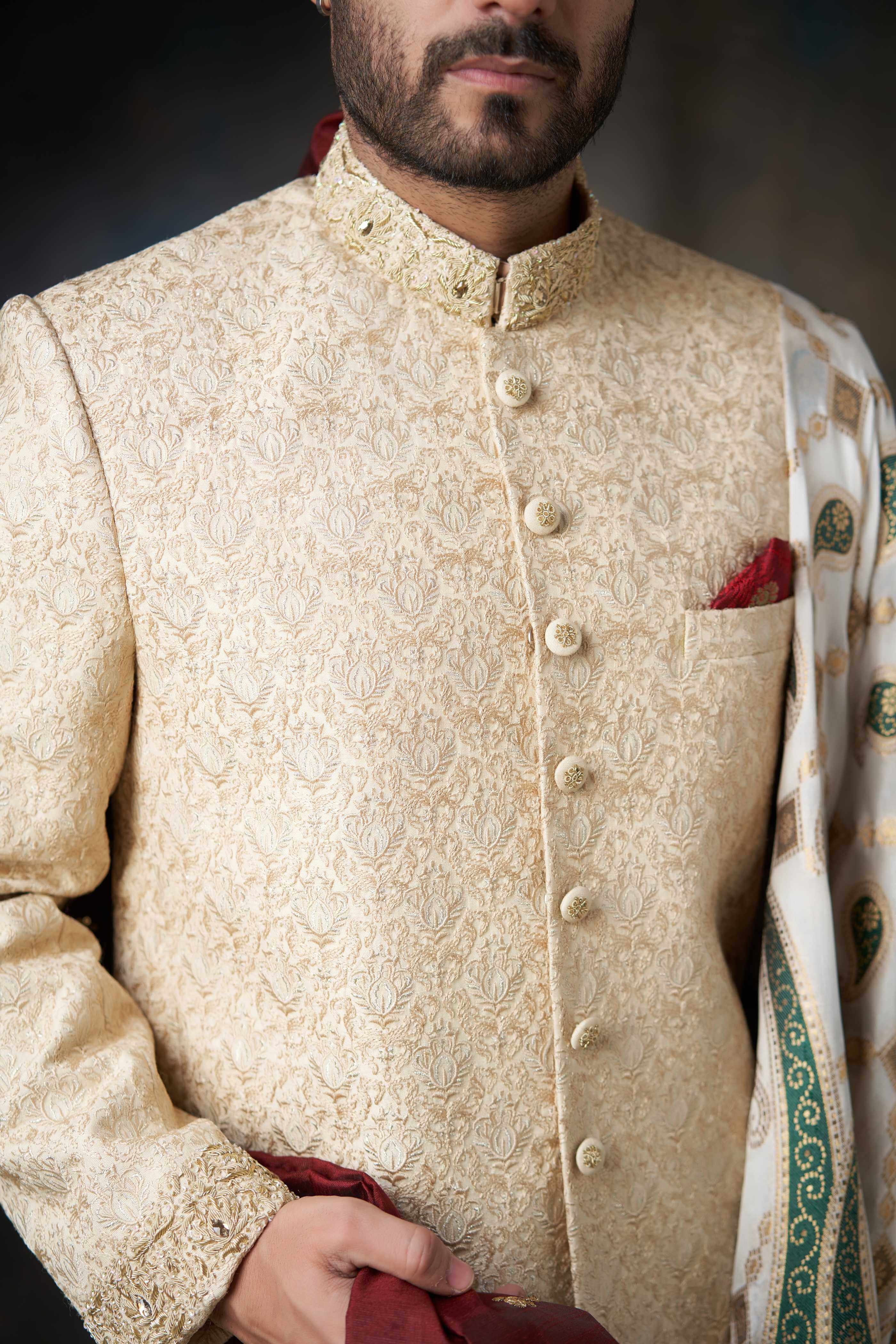 Exquisite Gold Thread Embroidered Raw Silk Sherwani with Matching Silk Shawl | Traditional Indian Wedding Attire for Groom & Groomsmen | Perfect for Weddings, Festivals & Special Occasions