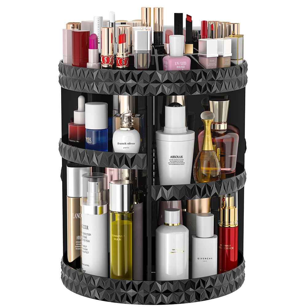 360° Rotating Makeup Organizer - Adjustable Spinning Carousel Storage Rack for Cosmetics & Skincare | Large Capacity Vanity Organizer with DIY Design | Perfect for Bathroom Countertop, Dressing Table & Travel (Black)