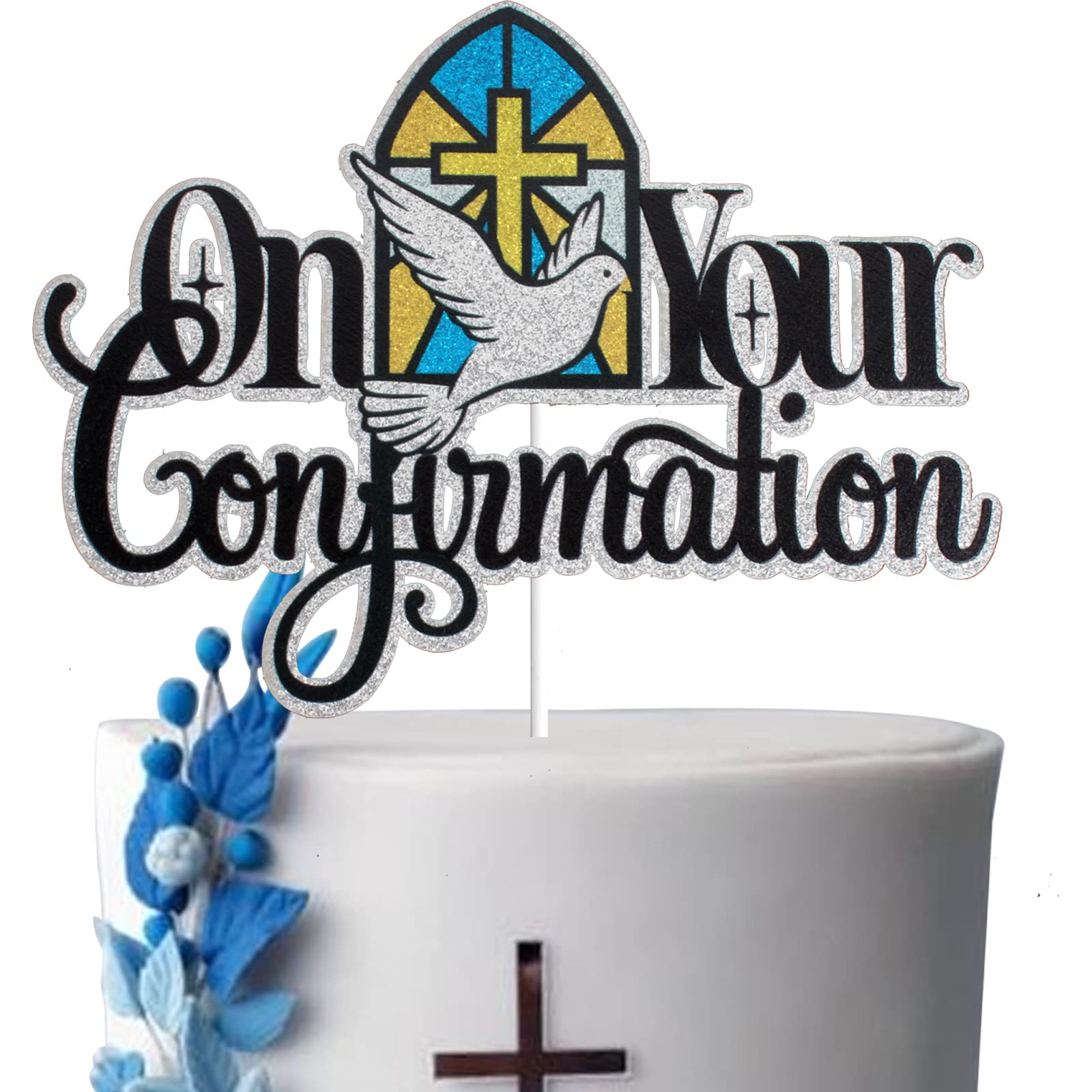 Black Glitter Holy Confirmation Cake Topper - Religious First Communion Decorations for Engagement, Wedding, Bachelorette Party & Bridal Shower - Perfect for Church Celebrations, Anniversary Parties & Special Occasions